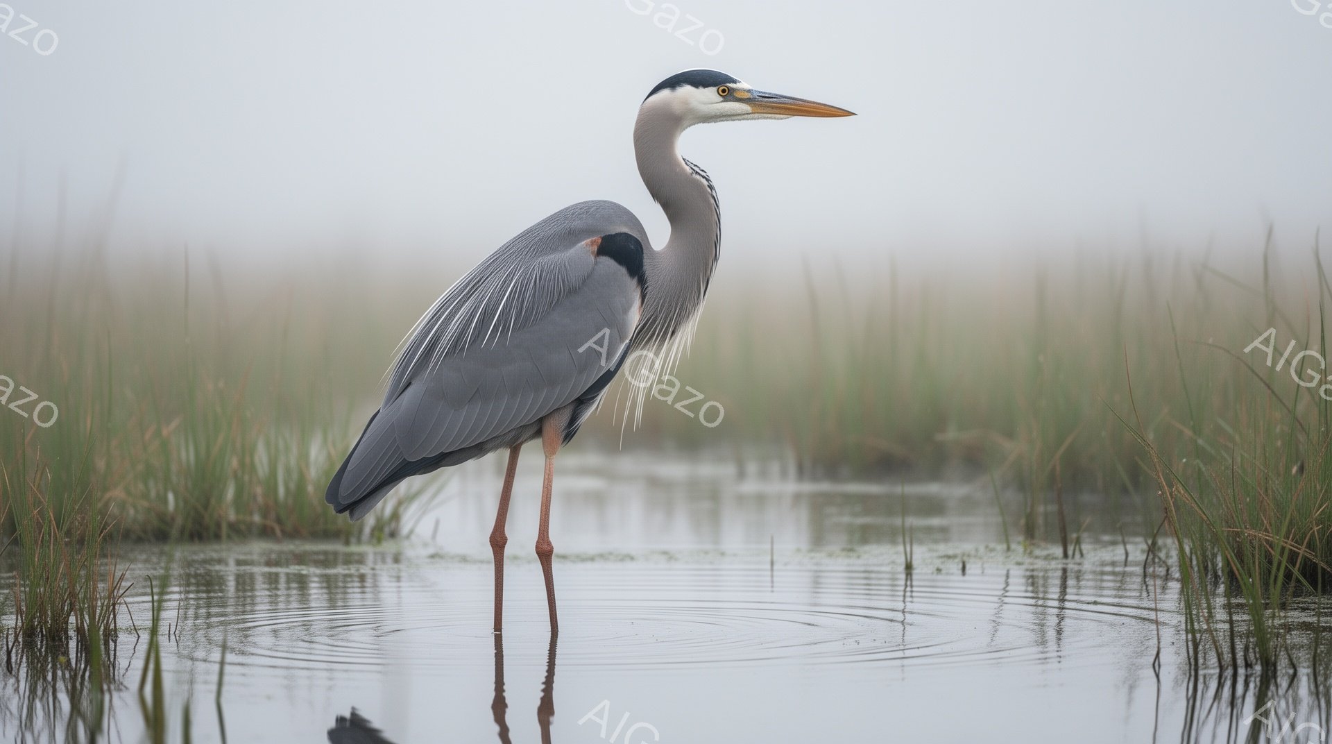巨大なササオロリが浅い水辺に立ち、静かに獲物を狙っている。背景は霞がかかり、周囲の草木はぼやけており、全体的に穏やかで神秘的な雰囲気を醸し出している。その姿はまるで絵画のように美しく、自然の静寂を表現している。