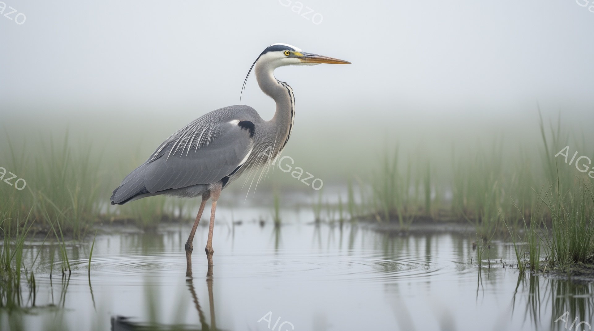 浅瀬に立つササギコイが、静かに獲物を狙っている。水面にはその姿が映り込み、周囲の緑と空がぼんやりと見える。霧がかかったような背景が、神秘的な雰囲気を醸し出している。