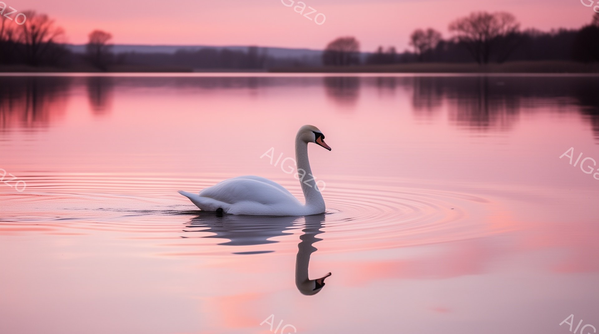 白鳥が穏やかな水面を優雅に泳いでいる。夕焼けに染まる水面と白鳥のコントラストが美しく、静かで平和な雰囲気を醸し出している。水面の反射が左右対称に広がり、幻想的な光景を作り出している。