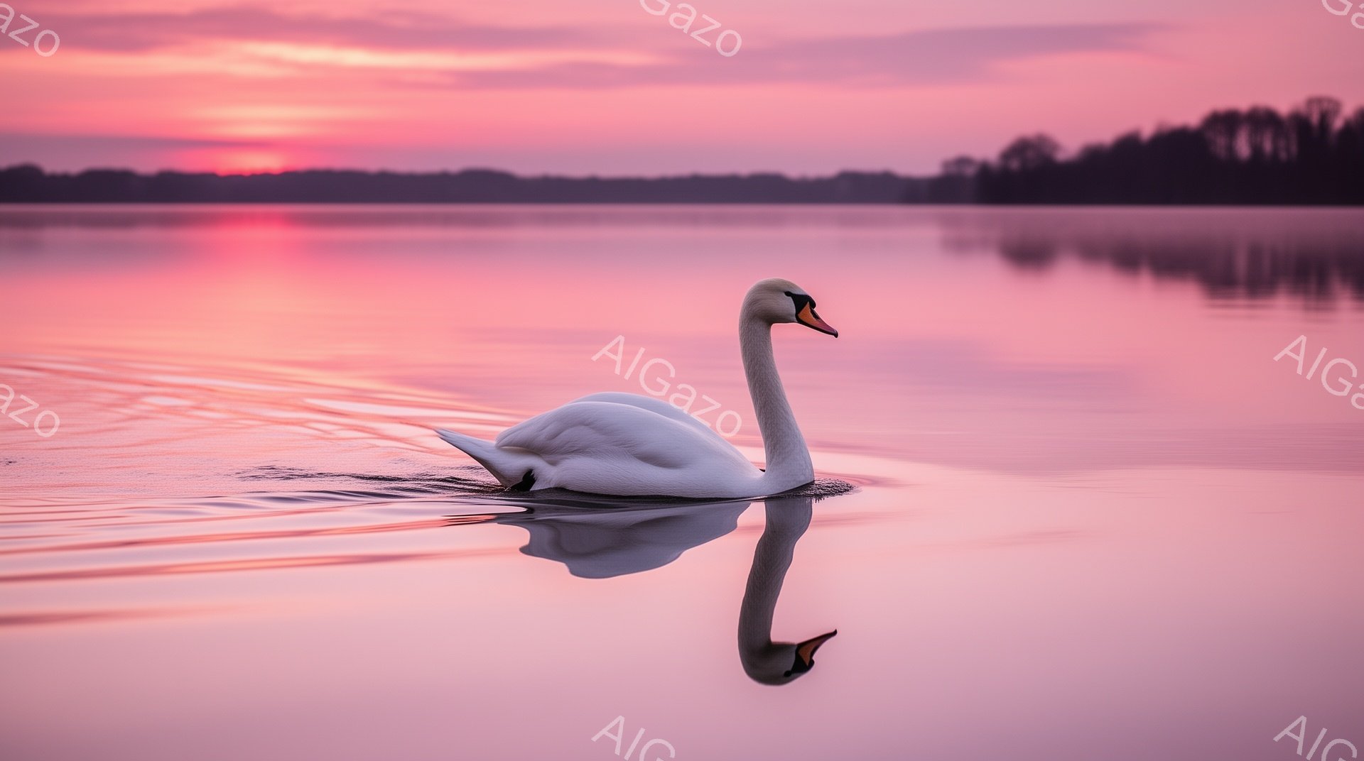白鳥が穏やかな水面を優雅に泳いでいる。夕焼けが水面と白鳥を茜色に染め上げ、幻想的な光景を作り出している。水面の反射が鏡のようであり、美しい風景が広がっている。
