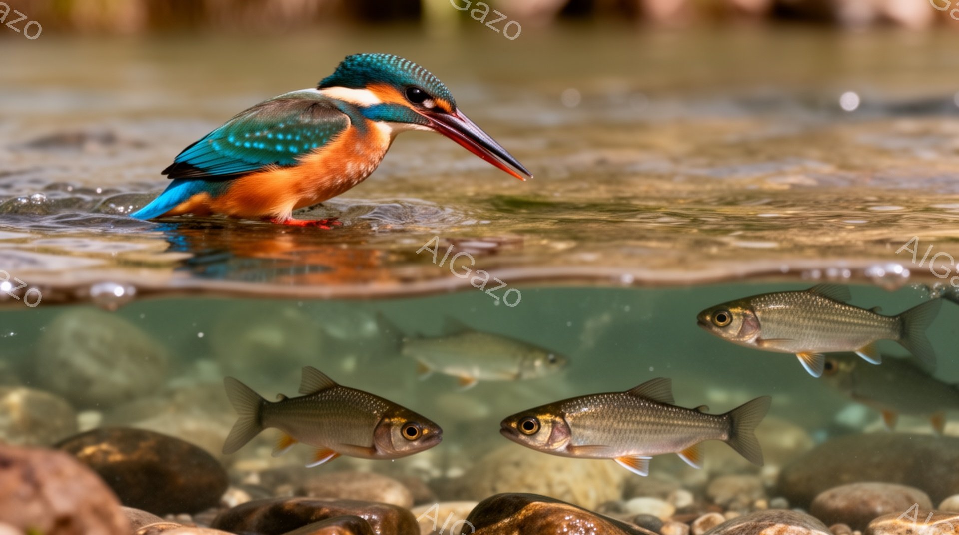 鮮やかな色のカワセミが水中に潜り、獲物を狙っている。水面には細かい波紋が広がり、周囲には小魚たちが泳いでいる。水中の岩肌や小石が自然な雰囲気を醸し出している。