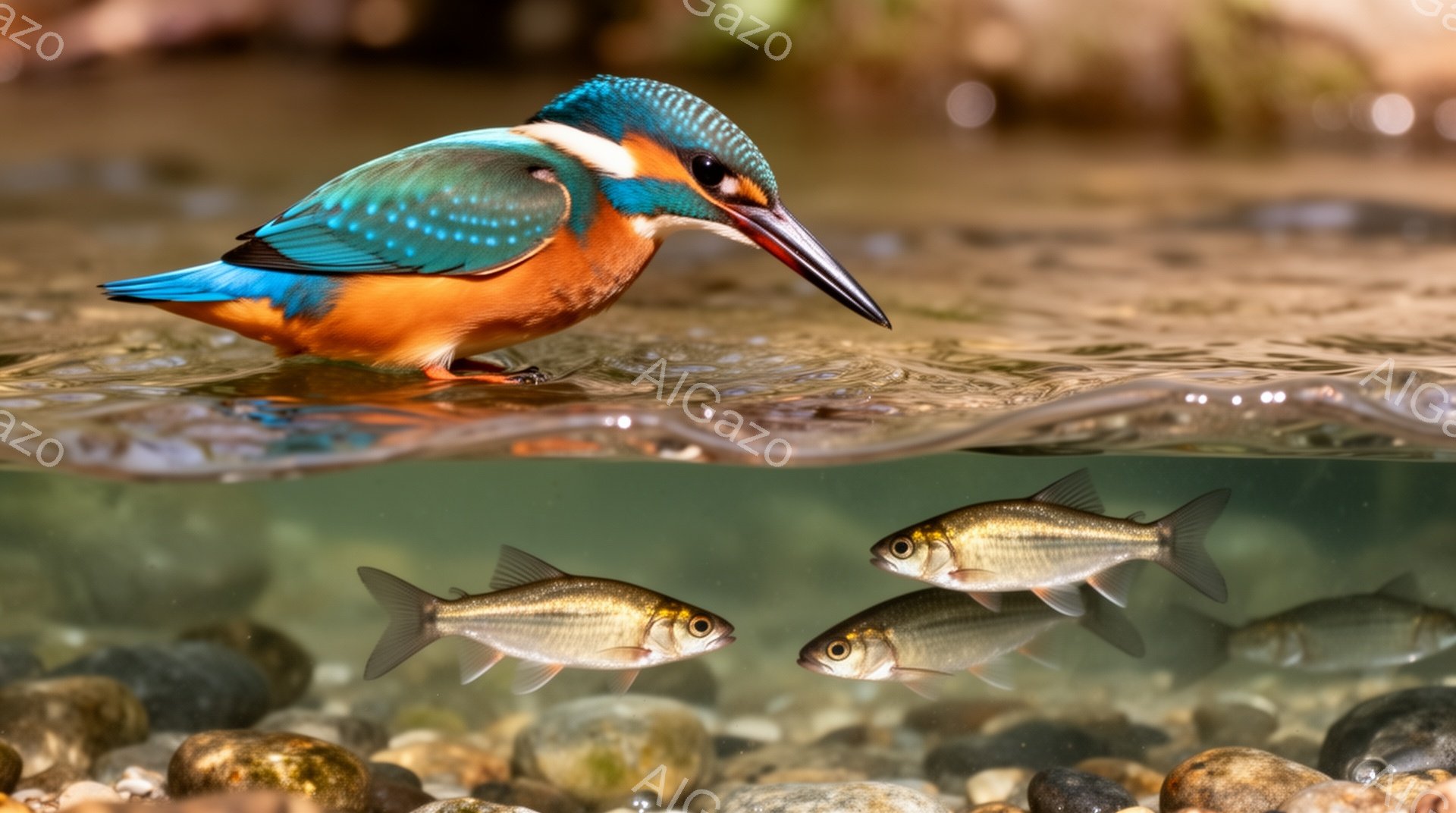 鮮やかな青とオレンジ色のカワセミが、水中の魚を狙って飛び込もうとしている瞬間を捉えた画像です。水面近くの小石が散りばめられた水底が映り込み、自然の活気を感じさせます。光の反射が水面を作り出し、生き生きとした色彩と躍動感あふれるシーンが広がっています。