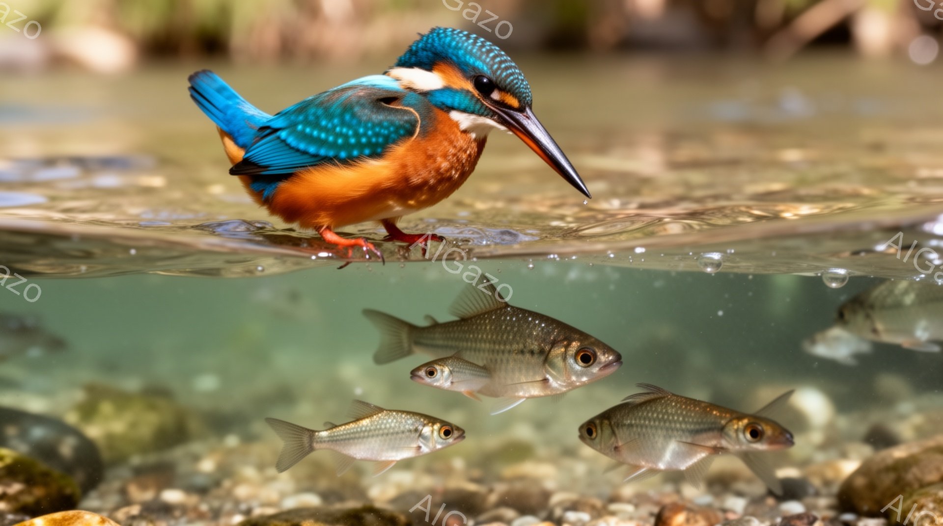 鮮やかな青とオレンジ色のカワセミが、水中の小魚を狙って急降下している様子が捉えられています。水面は薄い膜のように光り、魚たちはカワセミの接近に気づき、一斉に逃げようとしています。水底の石や砂利が透けて見え、自然の生命力溢れる瞬間を切り取った写真です。