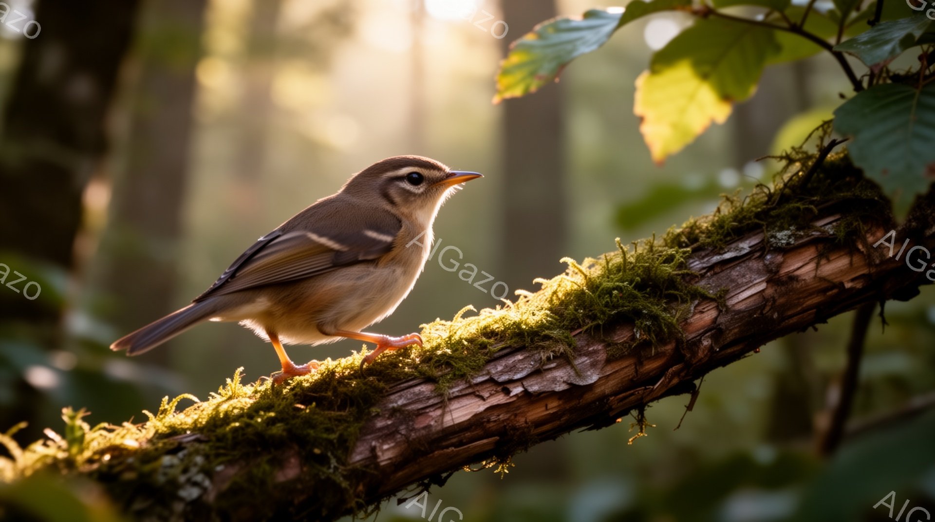 苔むした枝にとまる小さな鳥が写っています。その姿は丸みを帯びていて、茶色の羽毛が柔らかい光に照らされています。背景には木々がぼんやりと見え、穏やかで静かな雰囲気が漂っています。