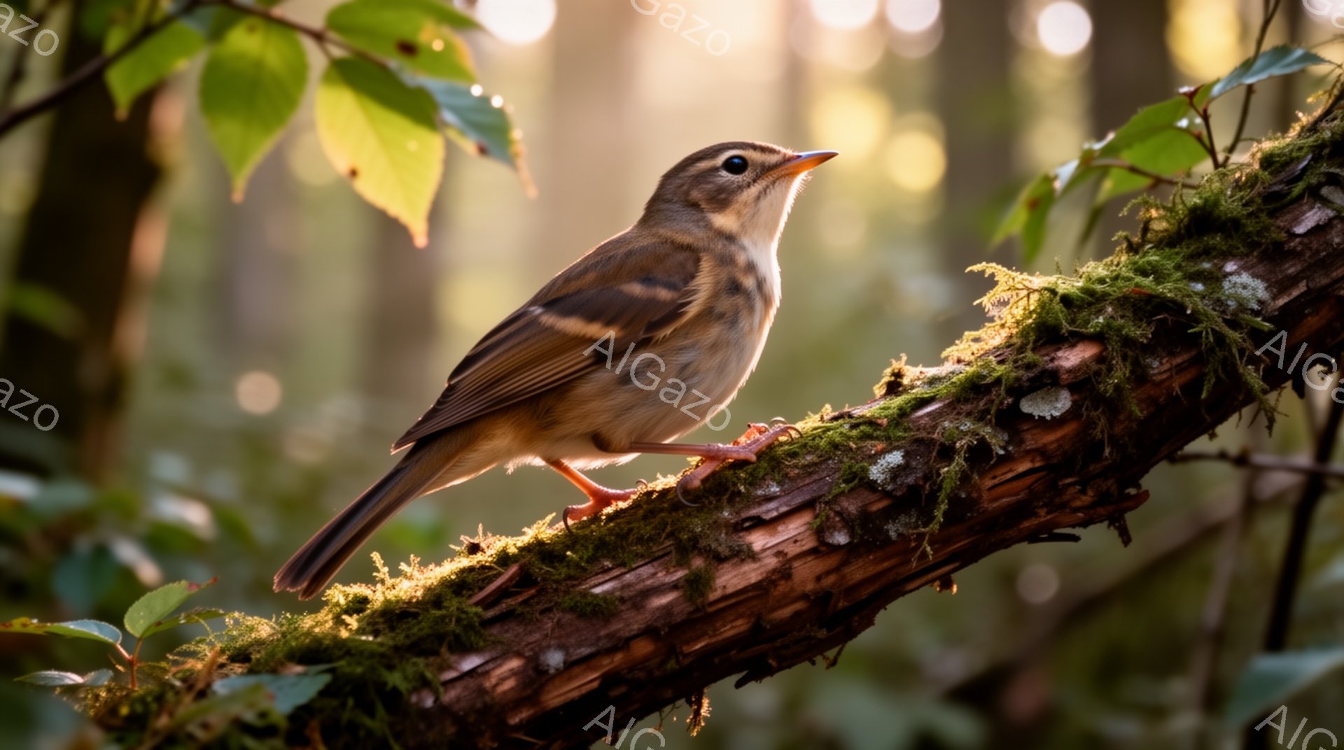 小さな鳥が緑の苔むした枝にとまっている。背景はぼかしてあり、朝日の光が差し込み、温かい雰囲気を醸し出している。鳥の羽毛は茶色と白で模様があり、可愛らしい姿を見せている。