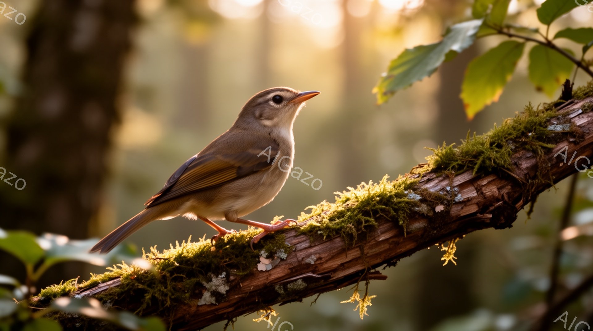 苔むした枝にとまる小さな鳥が写っています。背景は緑豊かな葉と柔らかい光で、穏やかな雰囲気が漂います。鳥の毛並みや苔の質感など、細部まで鮮明に捉えられています。 - AI生成フリー素材