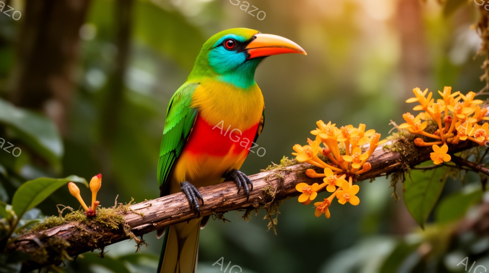 鮮やかな緑、赤、黄色、そして黒い体を持つ美しい鳥が、苔むした木の枝にとまっています。その大きな橙色の嘴と、背景のぼやけた緑色の葉とのコントラストが印象的です。オレンジ色の小さな花が咲き乱れ、鳥を引き立てています。