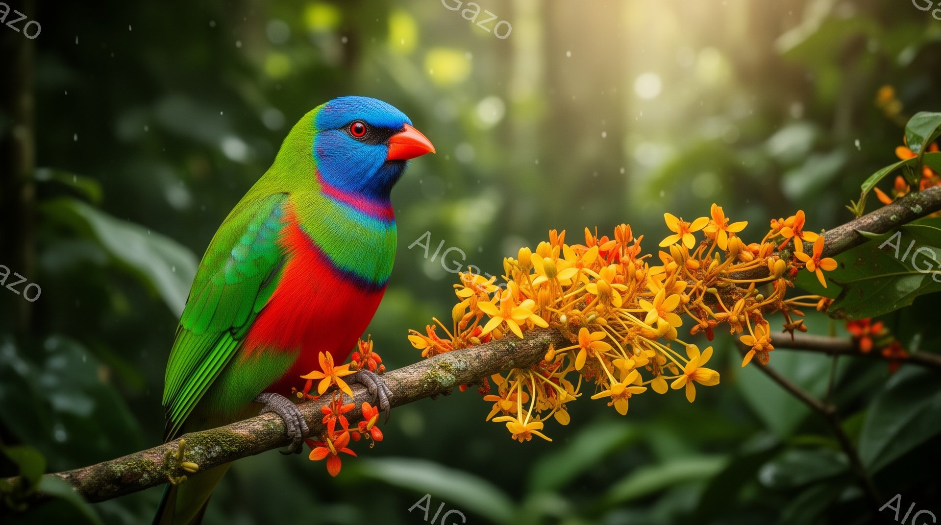赤い顔と胸、緑色の羽を持つ美しいオウムが、オレンジ色の花が咲いた枝にとまっている。背景は緑豊かな森林で、光が差し込み、鮮やかな色彩が際立っている。オウムは静かにこちらを見つめ、平和な雰囲気を醸し出して - AI生成フリー素材