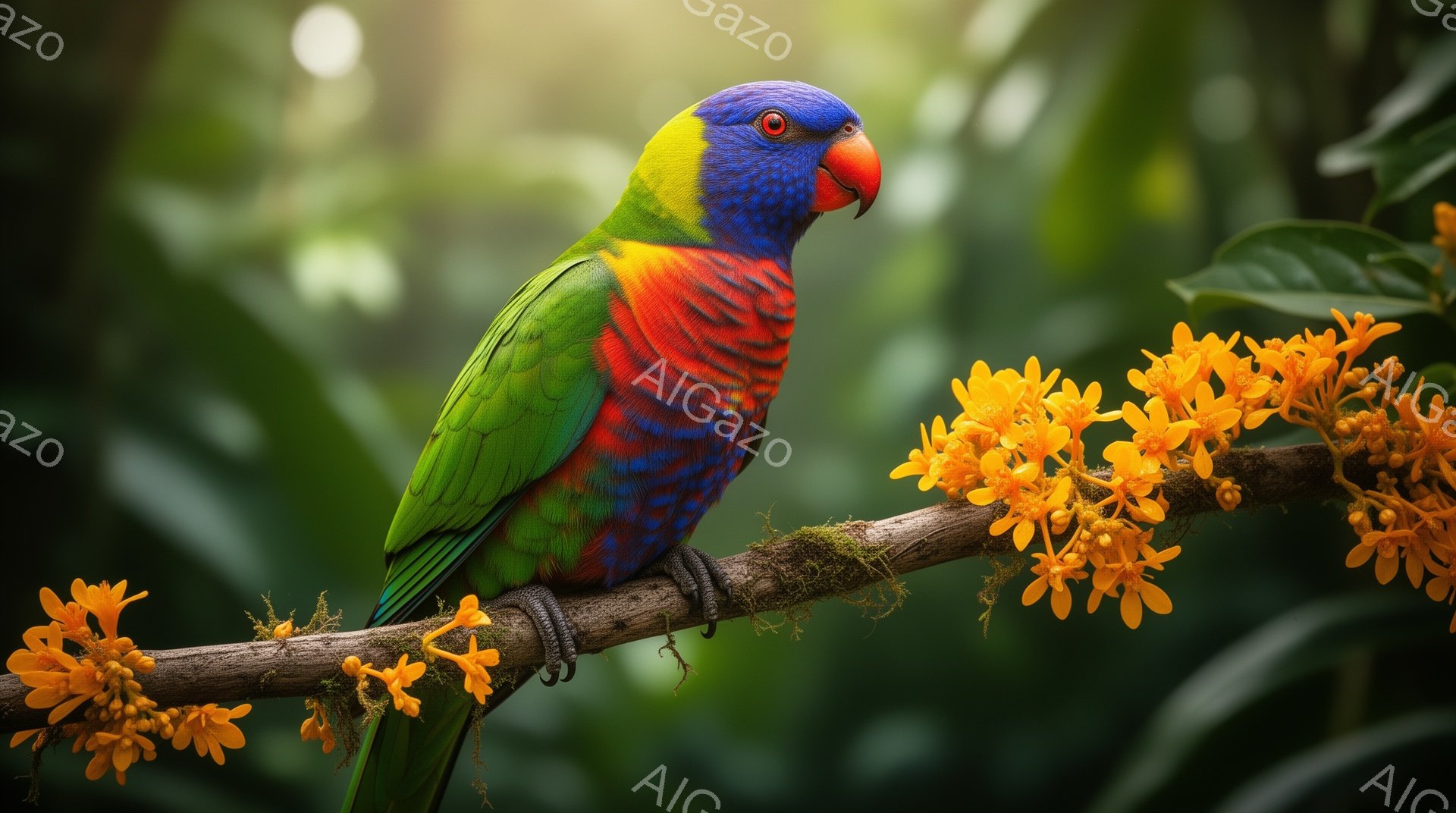 美しいインコが木の枝に止まっています。鮮やかな赤、緑、青の羽を持ち、オレンジ色の花の間からこちらを見ています。背景は緑豊かで、自然な光が差し込み、穏やかな雰囲気です。