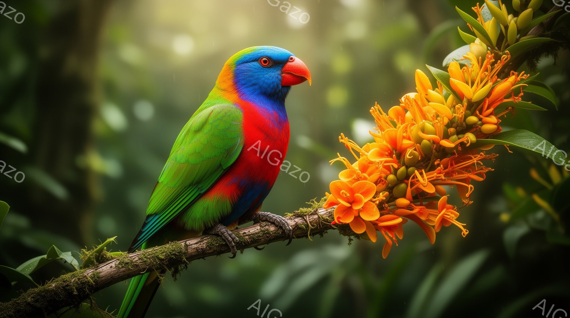 鮮やかな色のオウムが枝にとまっている。背景は緑豊かな森林で、オレンジ色の花が咲き乱れ、そのコントラストが美しい。光が差し込み、生命力あふれる自然の息吹を感じさせる。
