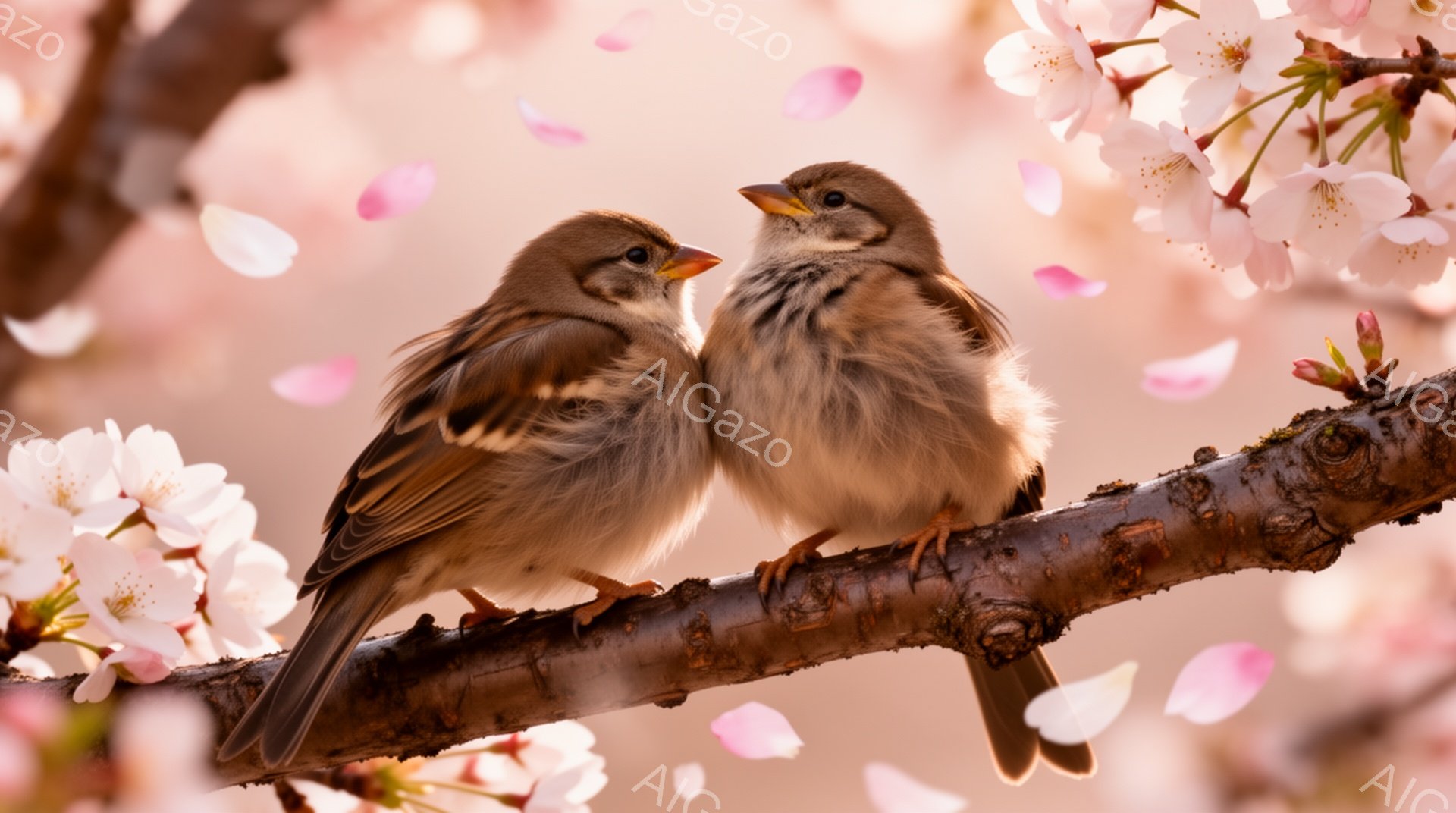 桜の枝に寄り添うスズメのペアが描かれています。花びらが舞い散る中、二羽は仲睦まじく寄り添い、春の暖かさと穏やかな雰囲気を伝えています。背景は淡いピンク色で、優しくロマンチックな印象を与えます。