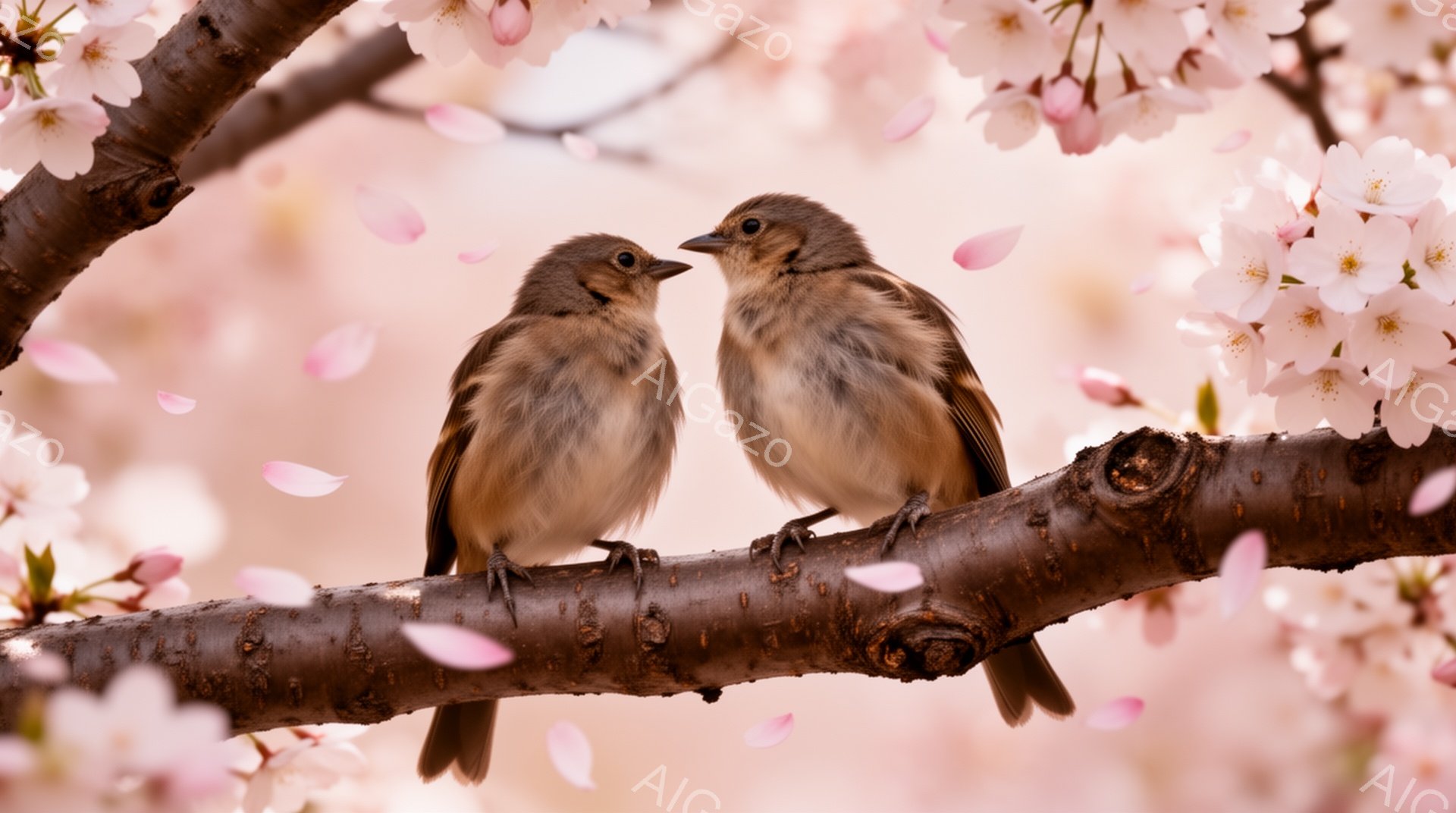 桜の枝に止まる2羽の鳥が描かれています。ピンク色の桜の花びらが舞い、春の暖かい雰囲気を醸し出しています。鳥たちは互いに向き合い、穏やかな時間を過ごしているようです。