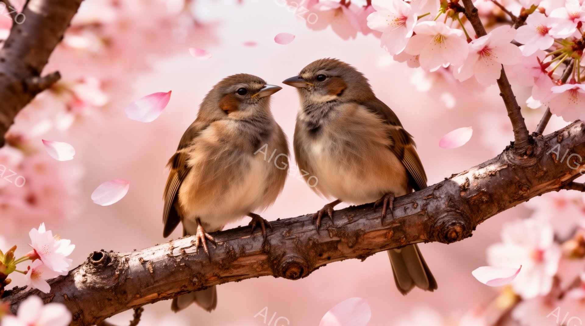 桜の枝に二羽の鳥が寄り添って止まっています。背景は桜の花びらが舞い散る淡いピンク色で、春の暖かさと優しさが感じられます。鳥たちは同じ方向を向いており、穏やかな時間が流れているようです。