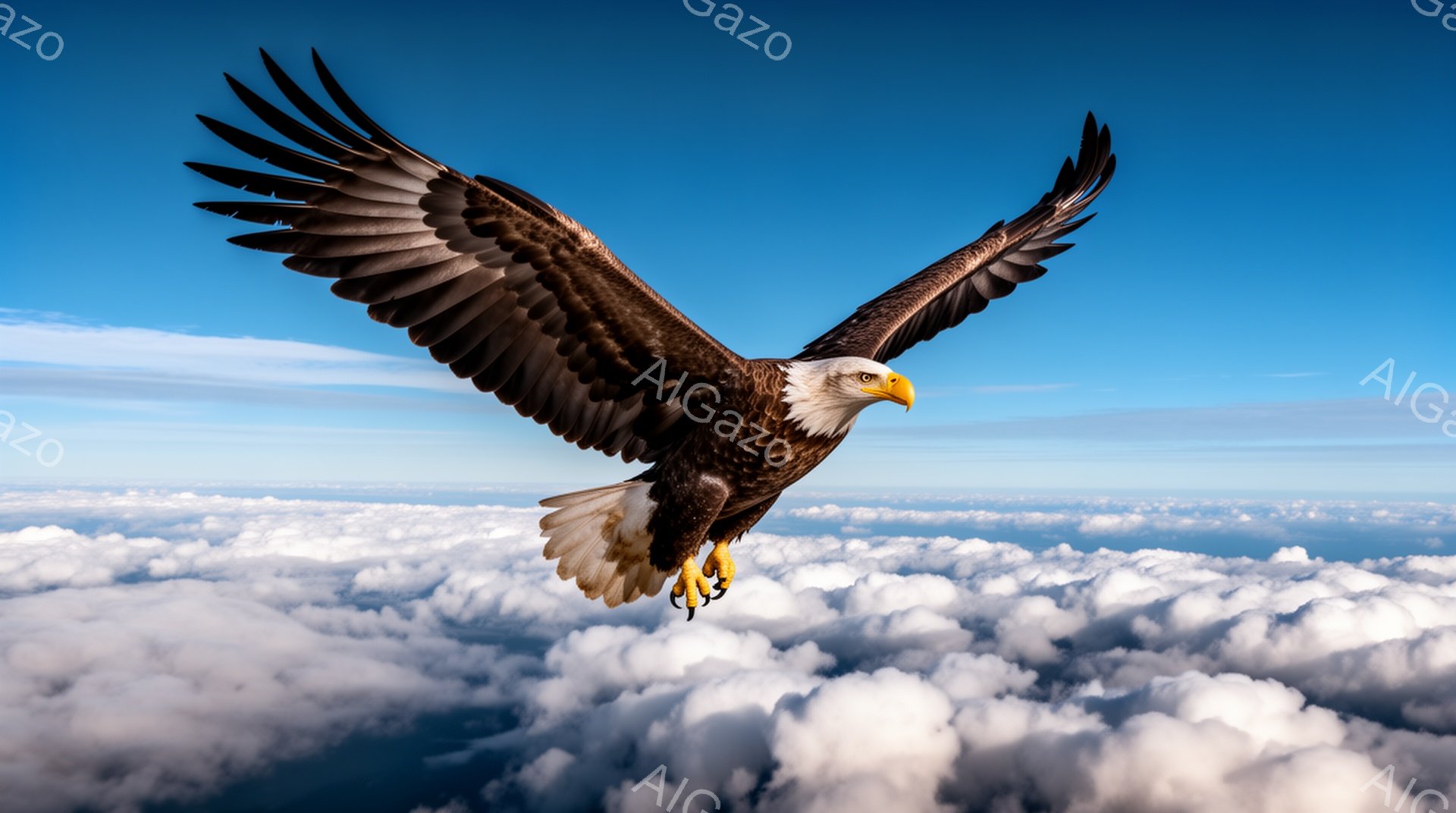 鮮やかな青空を背景に、翼を広げたハクトウワシが力強く飛んでいる。下には雲海が広がり、ワシの雄大さを際立たせている。光の当たり方から、晴れた日の昼間であることがわかる。