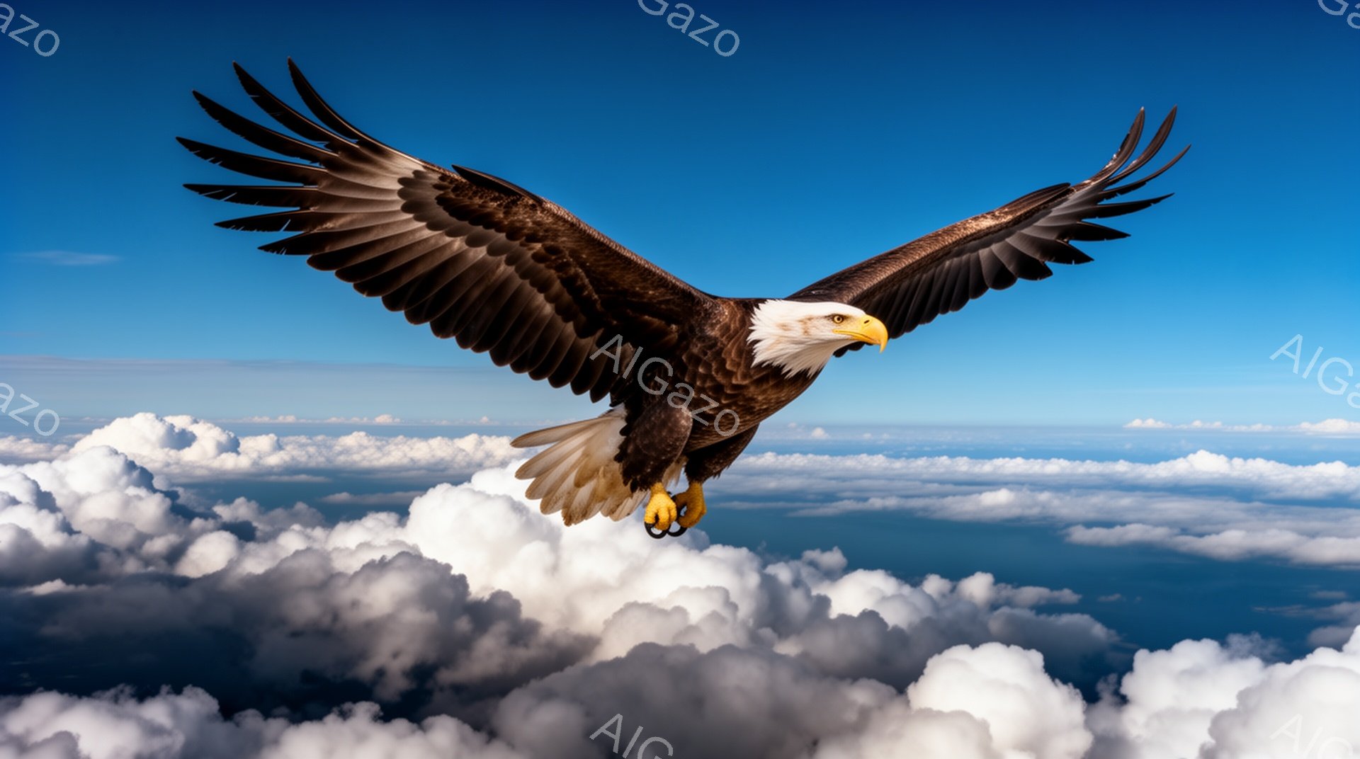 雄大なハクトウワシが、白い雲海の上を力強く舞っている。翼を大きく広げ、鋭い眼差しは遠くを見つめている。青い空とのコントラストが印象的で、自由と力強さを感じさせる。 - AI生成フリー素材