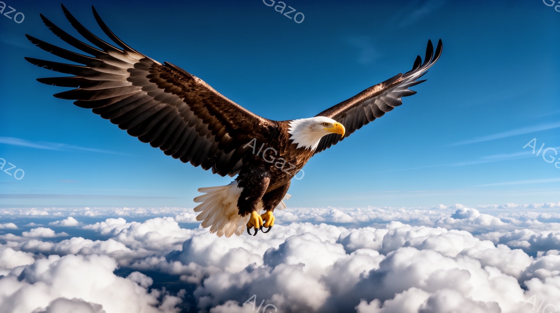 広大な雲海を背景に、力強いハゲワシが翼を広げて飛び立つ姿が捉えられています。鮮やかな青空と白い雲が対照的で、自由と力強さを感じさせる一枚です。鳥の羽や爪の細部まで鮮明に写っており、自然の美しさが際立っています。
