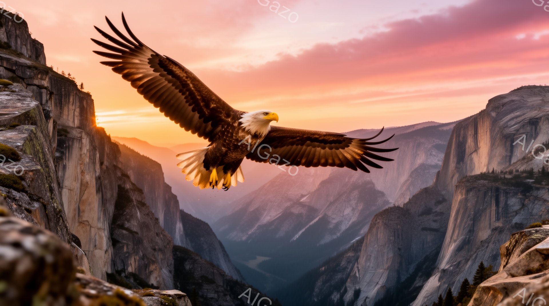 広大な谷を背景に、力強いアメリカワシが翼を広げて飛んでいる。夕焼けの光がワシの羽を照らし、荘厳で自然の力強さを感じさせる。断崖絶壁と鮮やかな空の色が、ドラマチックな雰囲気を醸し出している。