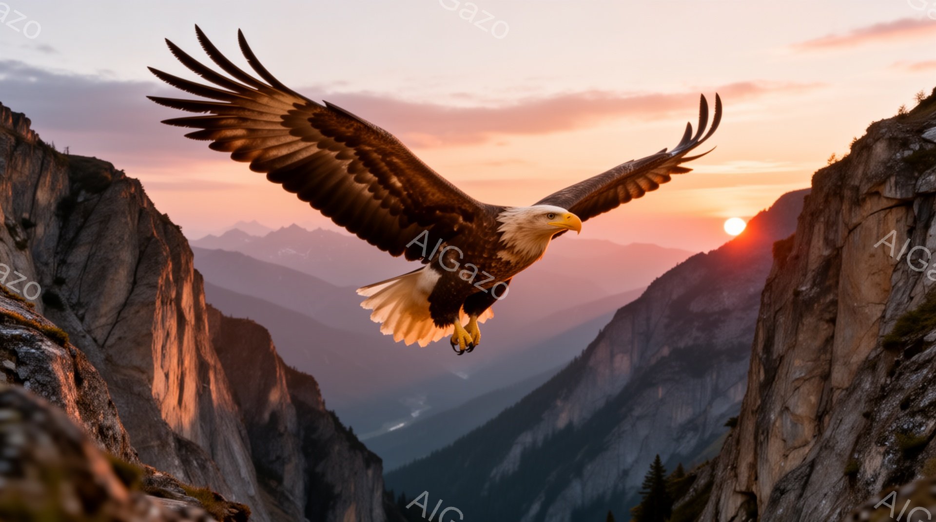 雄大な谷を舞うアメリカワシが捉えられています。夕焼けに照らされた崖と背景の山々は、ワシの力強い翼とコントラストを描き出しています。赤とオレンジの鮮やかな色彩が、自然の壮大さと静寂を強調しています。