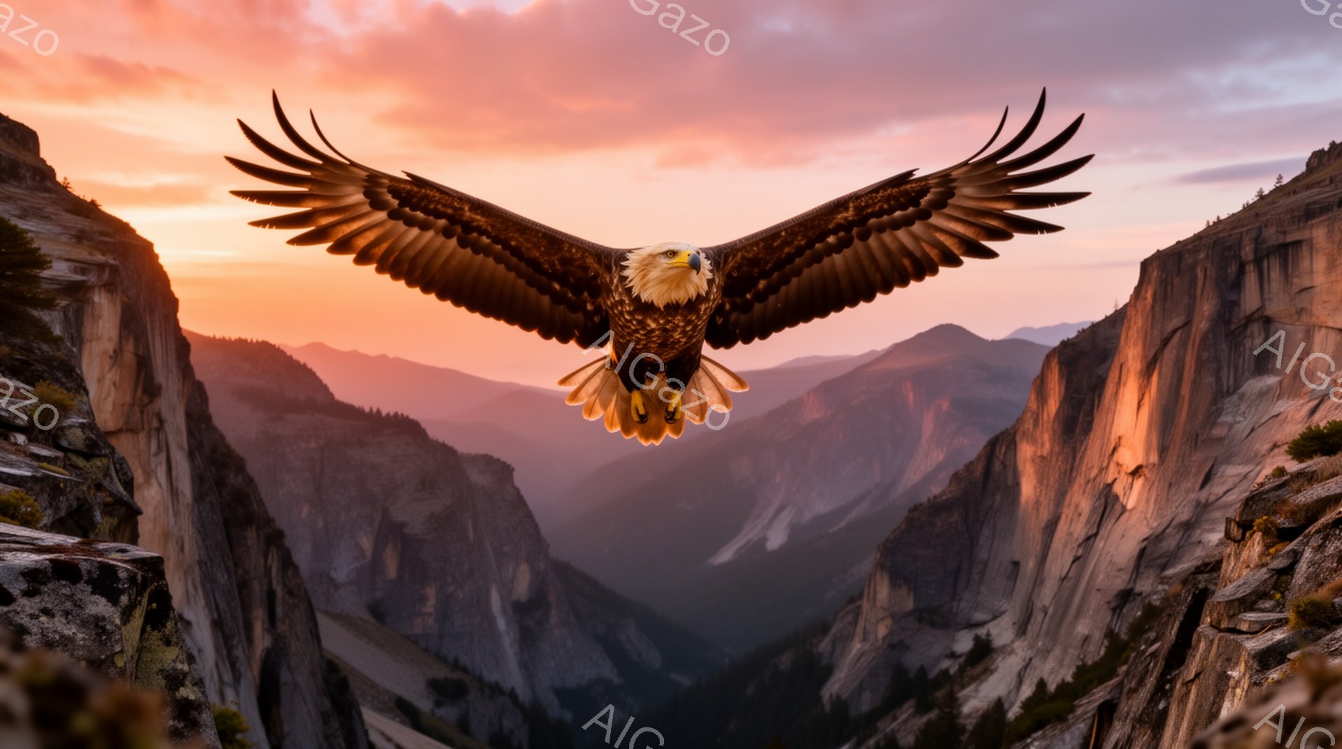 雄大な谷間を翼を広げて飛ぶアメリカワシが捉えられています。夕焼けの空はオレンジ色とピンク色に染まり、まるでワシを照らす光の道が谷間に広がっているかのようです。力強い翼と鋭い眼光で、ワシの自由と誇りが感じられます。