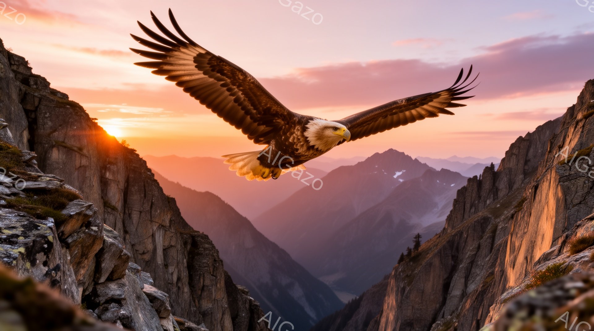 岩だらけの渓谷を、翼を広げたハクトウワシが力強く飛んでいる。夕焼けの光が山の稜線を照らし、壮大でドラマチックな風景を作り出している。ワシの姿は、自然の力強さと自由を象徴している。 - AI生成フリー素材