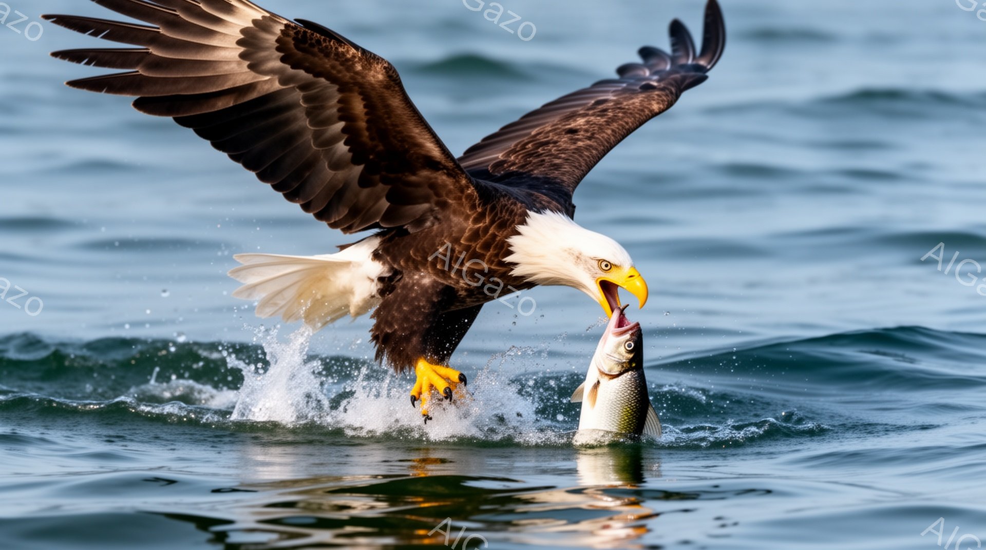 広大な水面上を舞うハクトウワシが、獲物の魚を鋭い爪で掴んで飛び立とうとしている。波しぶきが飛び散り、ワシの力強い翼と獲物が描くコントラストが印象的だ。ダイナミックな瞬間を捉えた一枚である。 - AI生成フリー素材