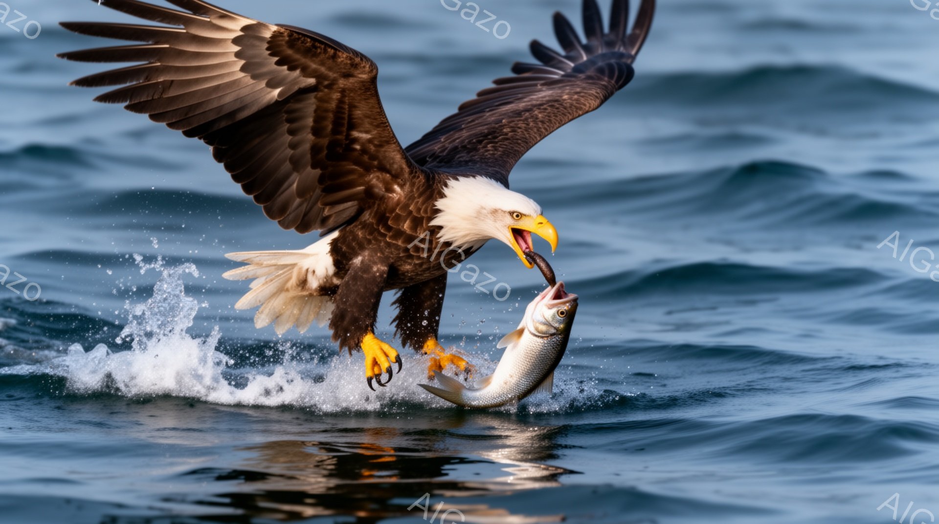 海上を舞う白頭鷲が、銀色の魚を鋭い爪で捉え、力強く空を飛んでいる。波しぶきが舞い上がり、力強い翼と獲物が作り出すコントラストが印象的だ。背景の海は穏やかで、鮮やかな空との組み合わせが美しい。 - AI生成フリー素材
