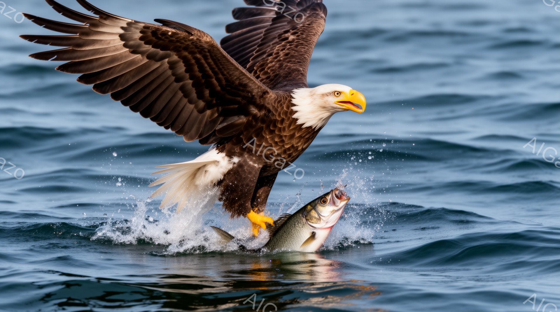 広大な海面から獲物を掴み、力強く羽ばたくアメリカワシが写っている。水しぶきが飛び散り、獲物の魚とのコントラストが印象的だ。力強い翼と鋭い眼差しが、ワシの狩りの姿を生き生きと表現している。