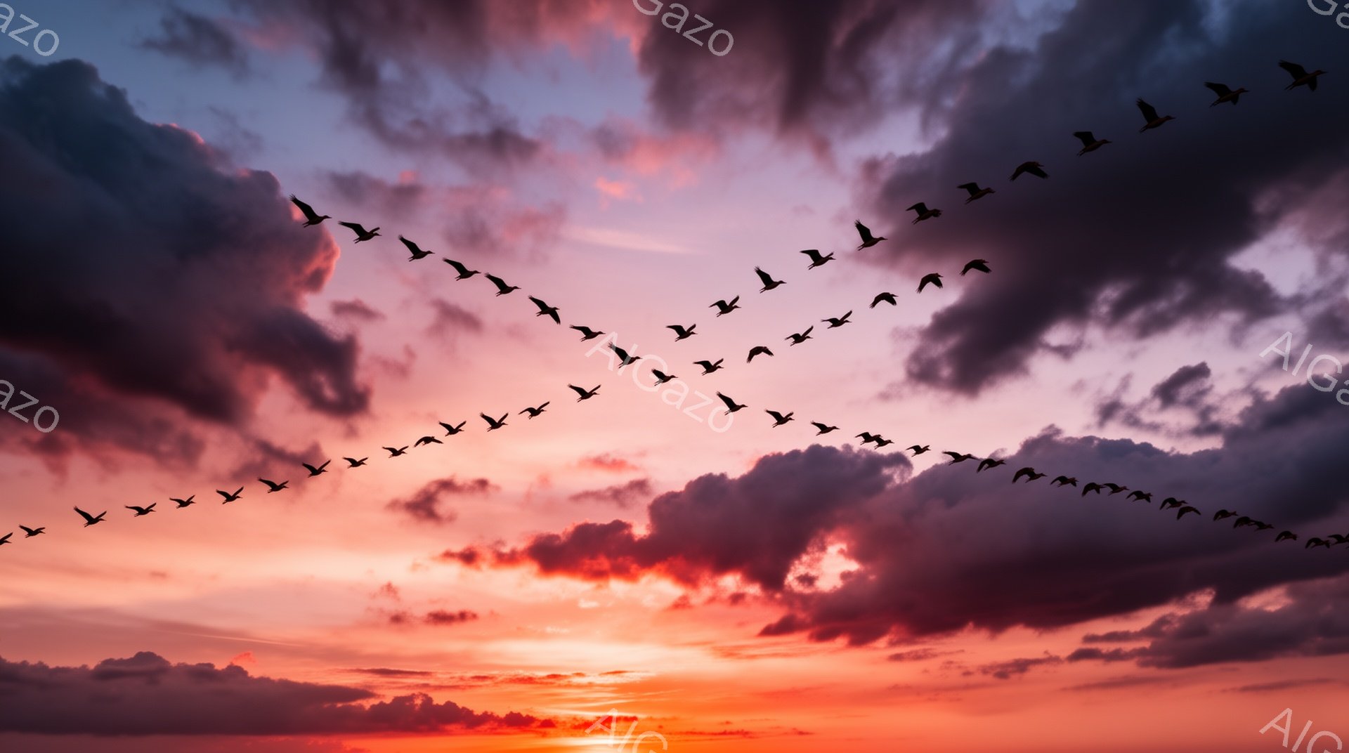 夕焼け空をV字型に飛ぶ鳥たちの群れが印象的な風景です。空は赤や紫、オレンジなどの鮮やかな色彩で染まり、幻想的な雰囲気を醸し出しています。雲の形も独特で、まるで炎のような躍動感があります。