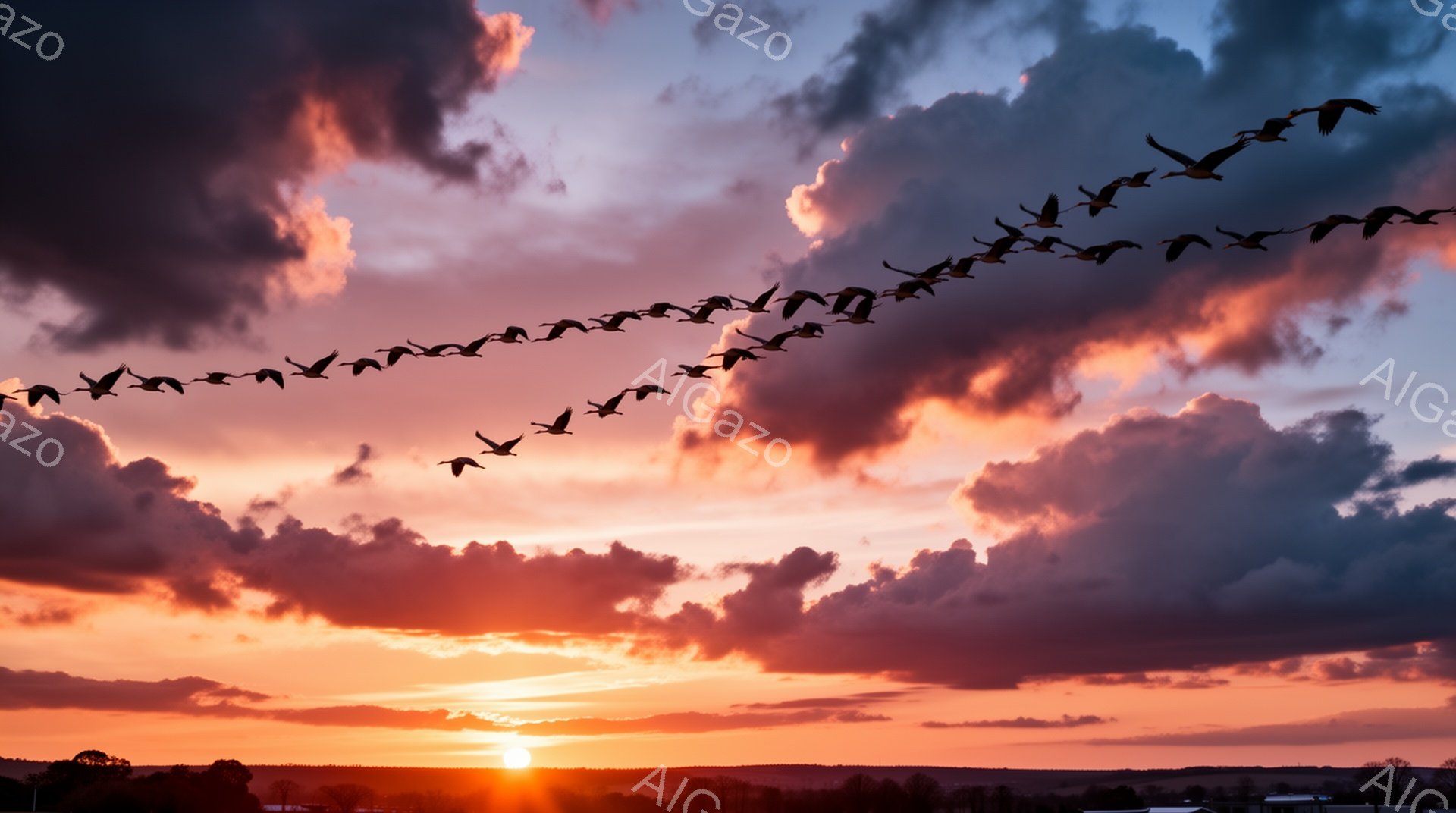 夕焼け空をV字型に飛ぶ鳥たちの群れが印象的な風景です。地平線から昇る太陽は燃えるように赤く、雲を茜色に染めています。自然の雄大さと静寂が感じられる、美しい瞬間が切り取られています。