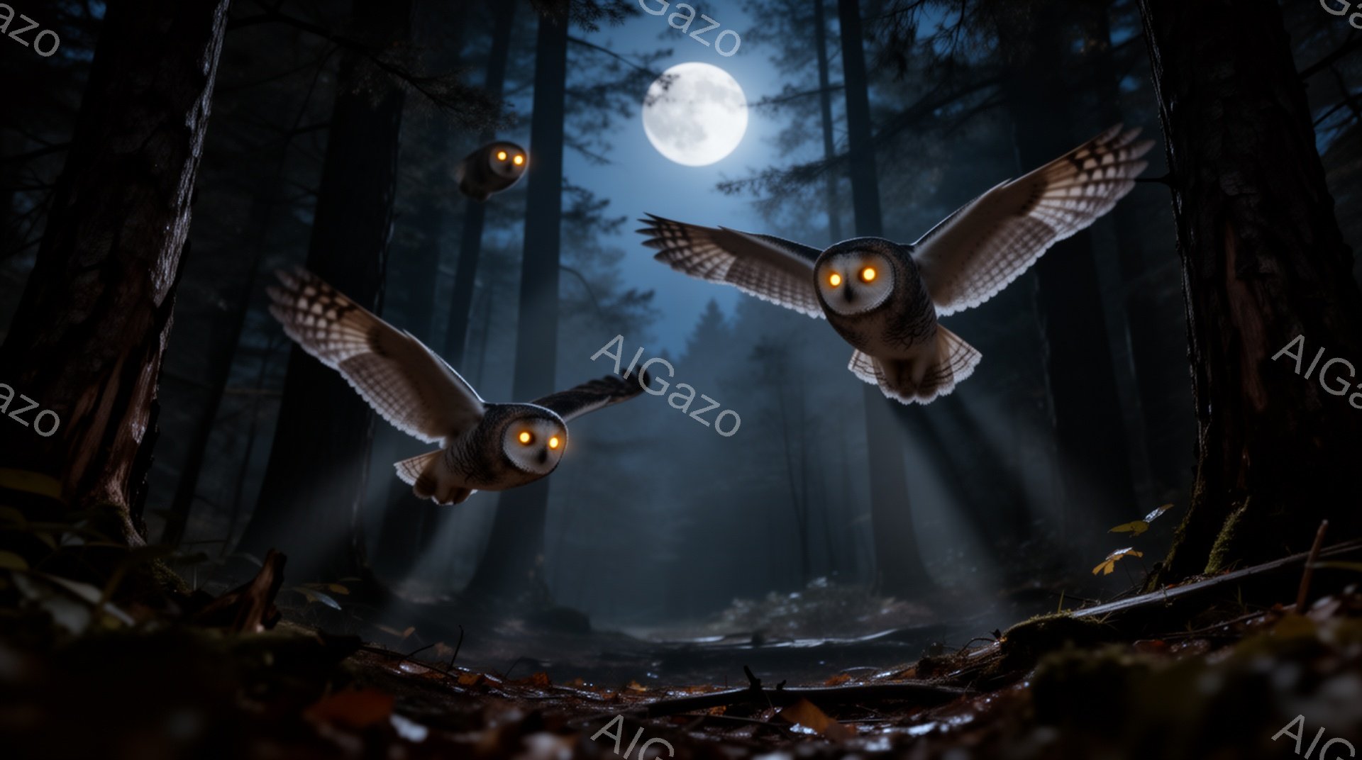 暗い森の中で、二羽のフクロウが月明かりの下を飛んでいる。木々の間から光が差し込み、神秘的な雰囲気を醸し出している。落ち葉が敷き詰められた地面と、ぼんやりと光る目を持つフクロウが、静寂な夜の森を表現している。