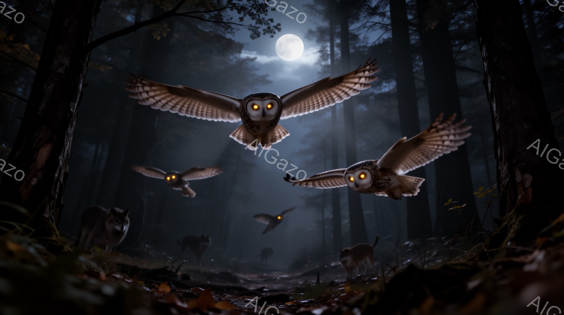 深い森の中で、数匹の狼とフクロウが月明かりの下で活動している。フクロウは翼を広げ、狼たちは茂みの中からこちらを見ているように見える。夜の静寂と神秘的な雰囲気が漂う。