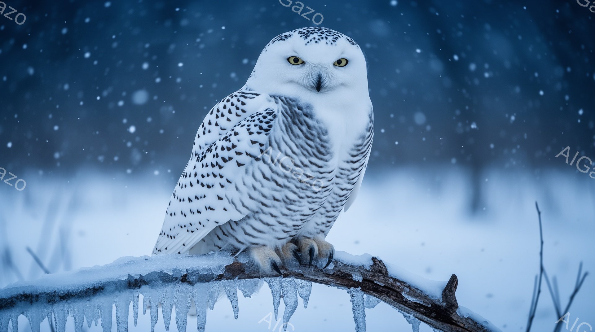 雪の中に佇む美しいフクロウが写っている。白い羽毛と鋭い眼光が印象的で、冬の厳しさと自然の美しさが共存する雰囲気を醸し出している。雪が舞い、背景は白銀の世界に染まっている。