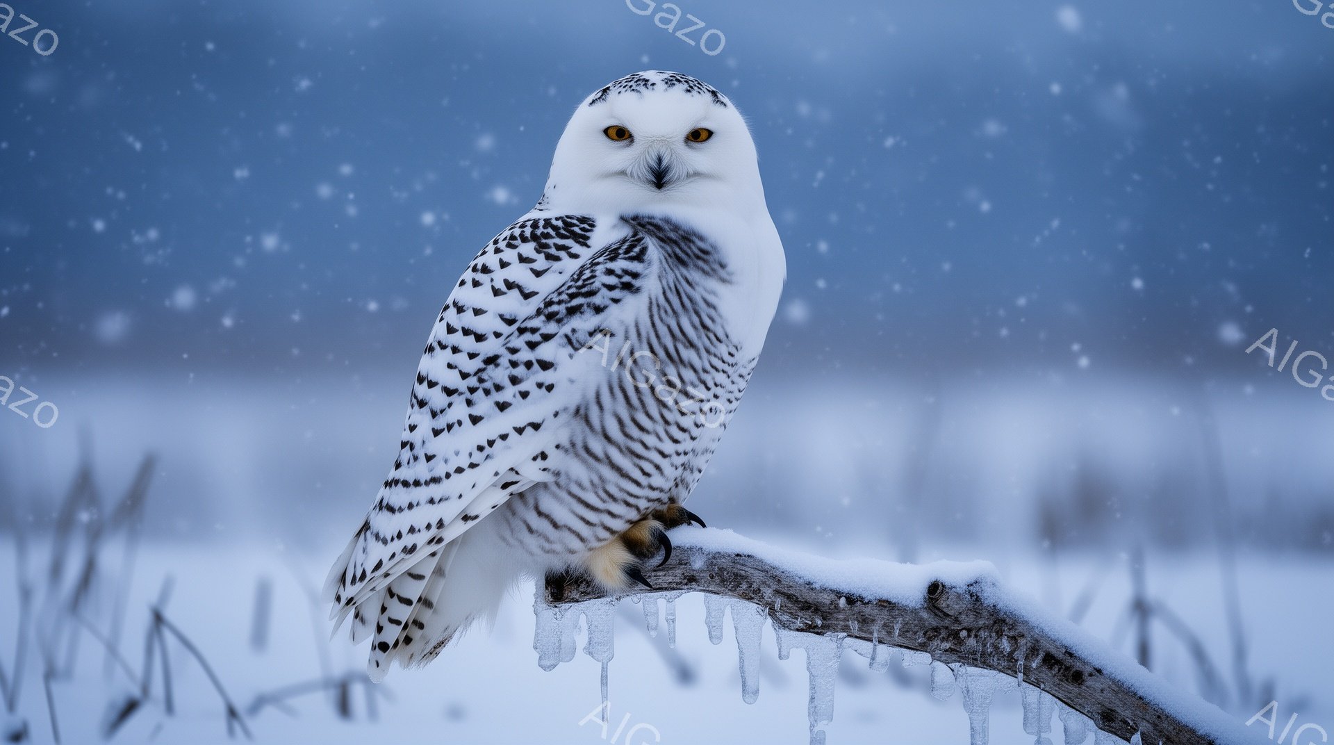 雪の中に佇む白いフクロウが印象的です。その姿は力強く、冬の静けさの中でひときわ際立っています。雪片が舞い散る背景が、より一層その美しさを引き立てています。