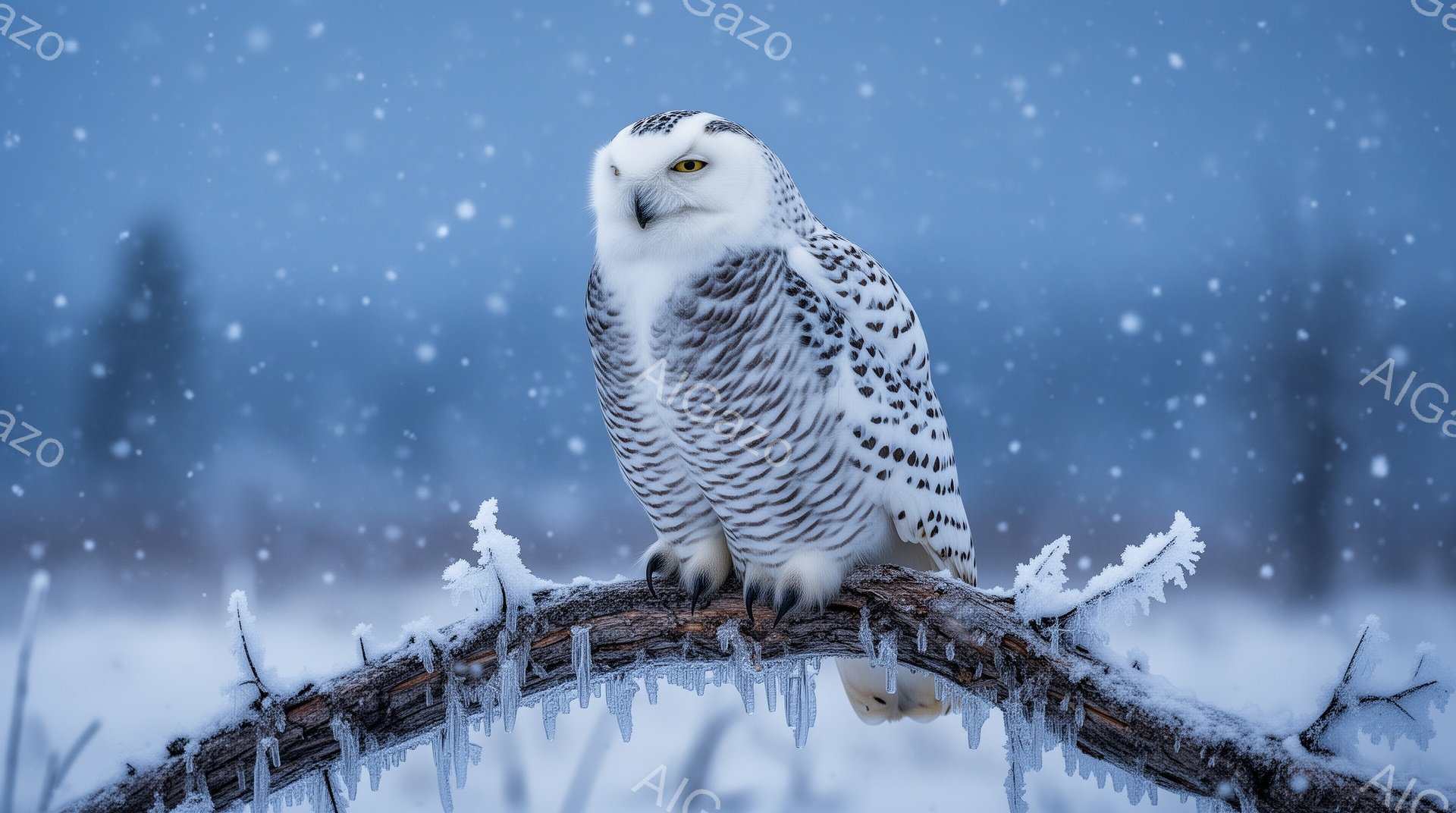 雪に覆われた枝にとまる雪フクロウが描かれています。白い羽毛は雪景色に溶け込み、鋭い眼差しが印象的です。背景にはぼやけた木々と雪が舞い、静寂で冷たい冬の雰囲気を醸し出しています。