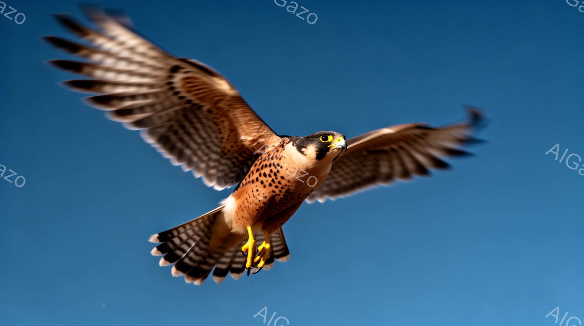 鮮やかな青空を背景に、茶色と白の美しい模様を持つハヤブサが翼を広げて飛んでいる。 鋭い眼光と力強い爪が特徴的で、まるで獲物を狙うかのように、真っ直ぐ前を見据えている。 空と鳥のコントラストが印象的な、躍動感あふれる瞬間を捉えた写真である。