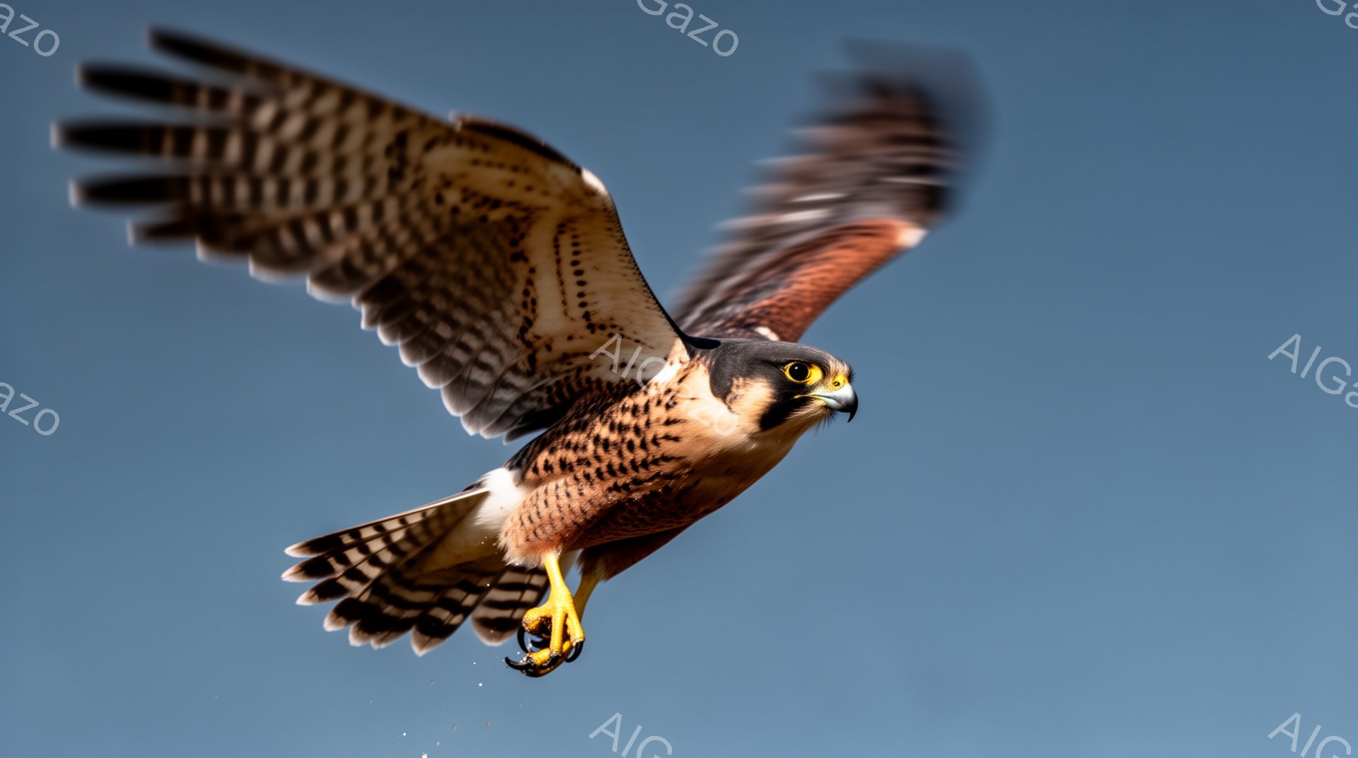 猛禽類の一種であるハヤブサが、翼を広げて空を飛んでいる。鮮やかなオレンジと白の羽が特徴的で、鋭い眼光が印象的だ。背景は青空で、ハヤブサの力強く美しい姿が際立っている。