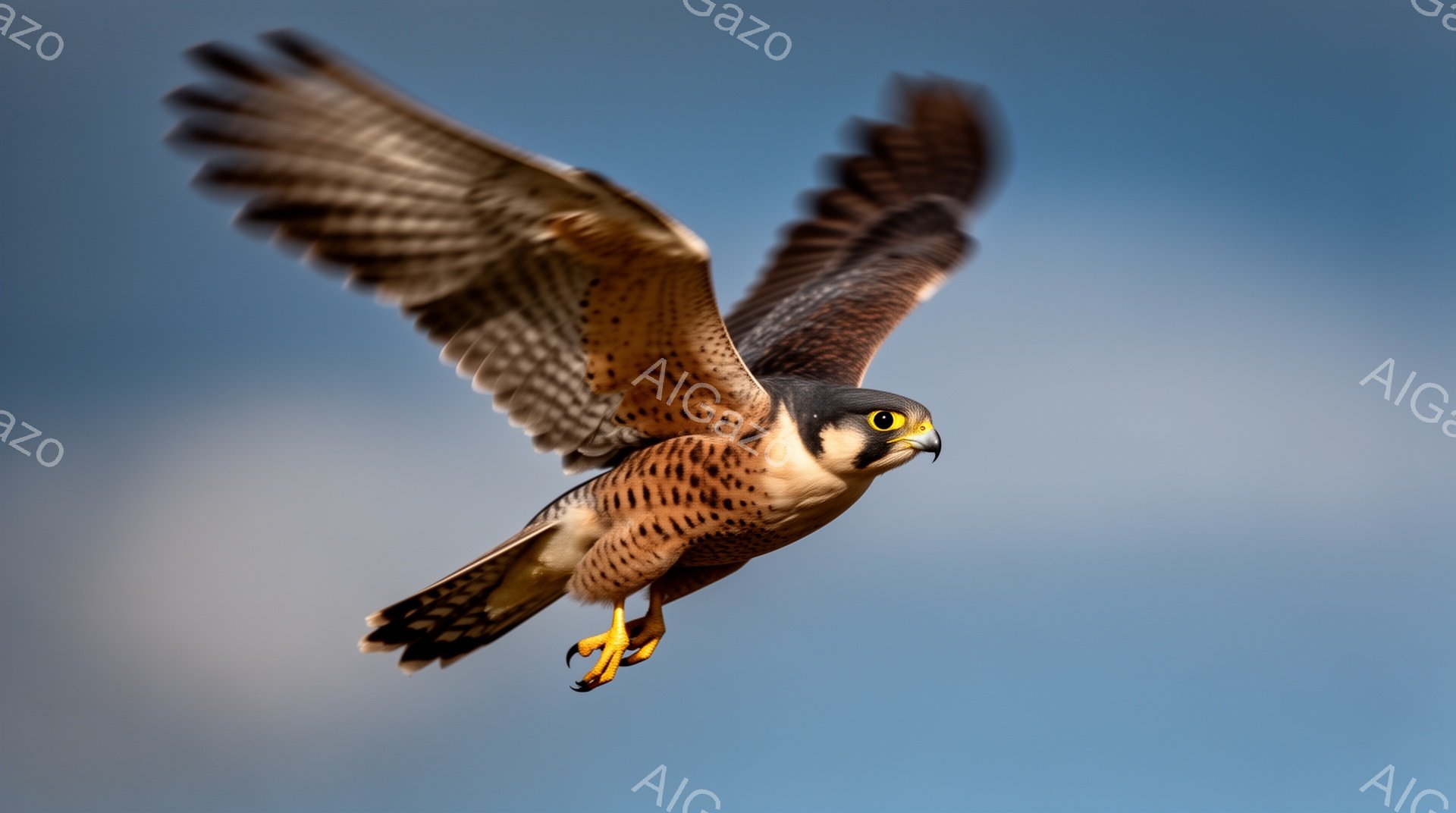猛禽類のハヤブサが翼を広げ、青い空を飛んでいる。力強い翼と鋭い爪が印象的で、狩りの瞬間を捉えた躍動感のある一枚だ。背景はグラデーションの青空で、鳥のシルエットが際立っている。