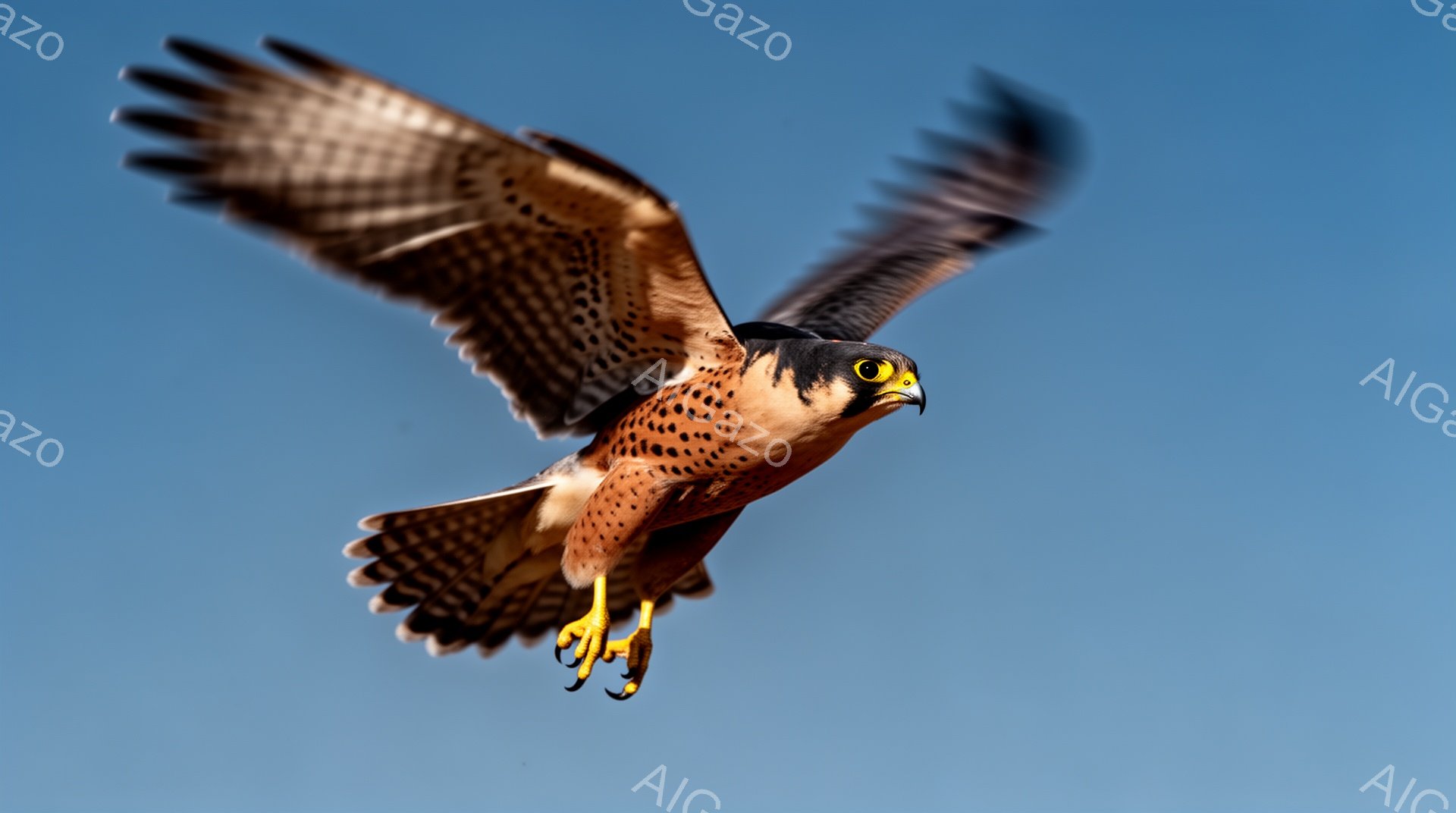 鮮やかな青空を背景に、ハヤブサが翼を広げて飛んでいる。その姿は力強く、獲物を狙う鋭い眼光が印象的だ。羽の模様や鮮やかな色彩が、空の青さと対比的に映えている。