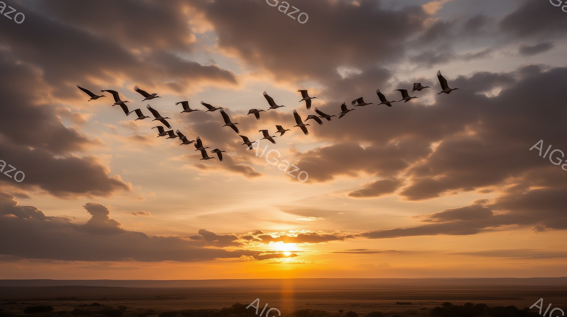 夕焼け空をV字型に鳥たちが飛んでいる。地平線は草原で、オレンジ色の光が大地を照らしている。力強く美しい自然の風景だ。