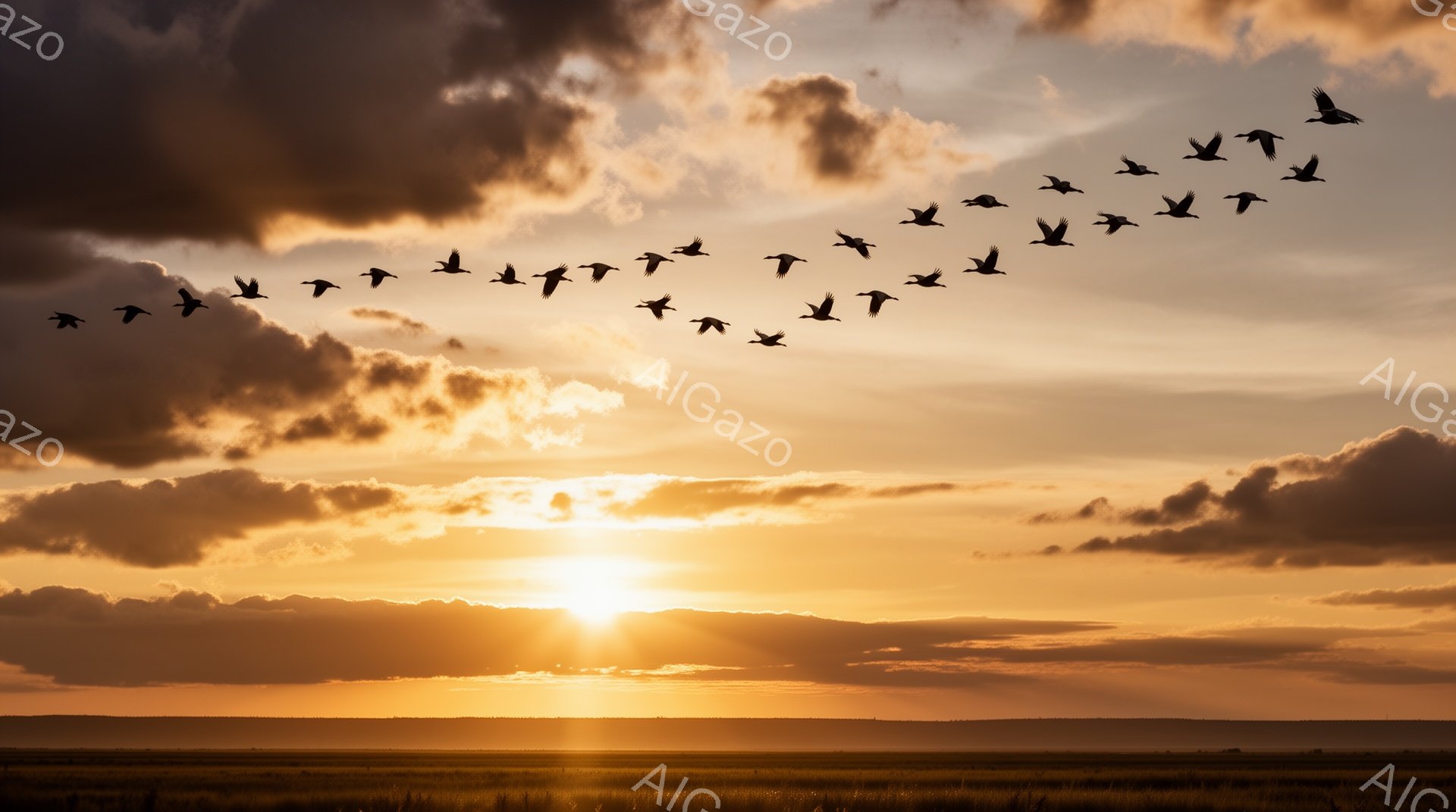 燃えるような夕焼け空を、V字型に鳥たちが飛んでいる。地平線近くの草地はオレンジ色に染まり、穏やかな雰囲気が漂っている。空は雲に覆われており、ドラマチックな光景を作り出している。