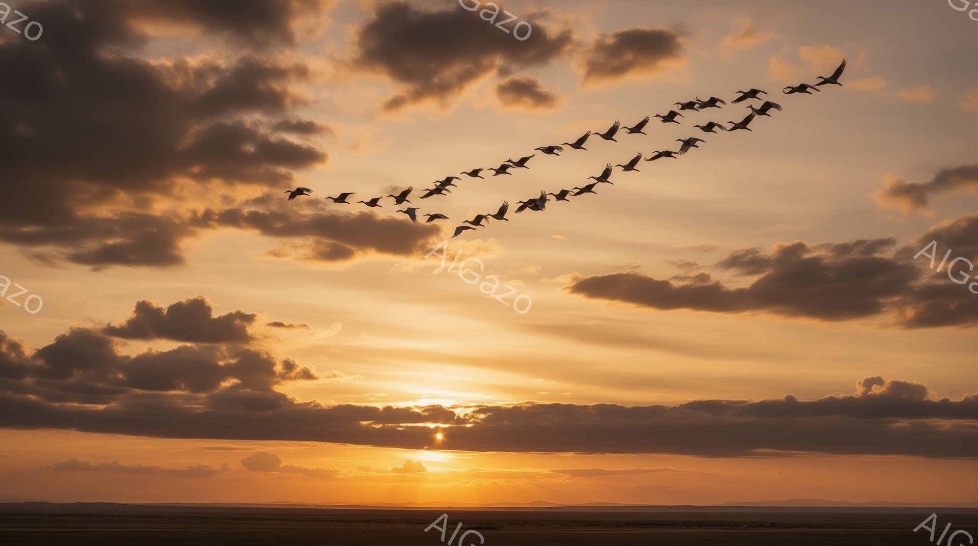 夕焼け空をV字型に飛ぶ鳥たちの群れが印象的な風景です。地平線には山並みがぼんやりと見え、広大な大地が広がっています。温かい色調の空とシルエットが美しい、静かで穏やかな雰囲気を醸し出しています。 - AI生成フリー素材