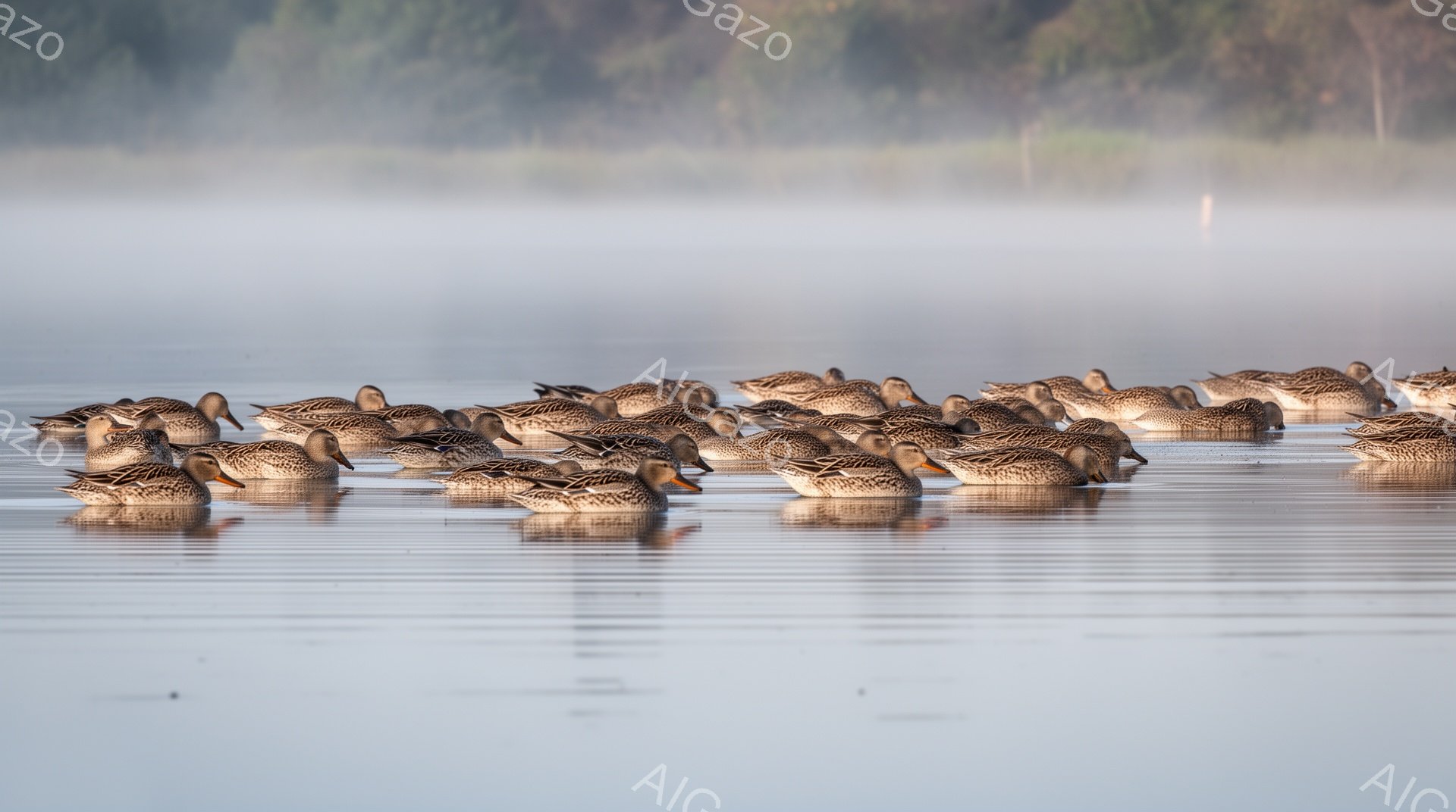 広大な水面にカモの群れが静かに浮かんでいます。朝霧が立ち込め、水面とカモの姿がぼんやりと霞んで幻想的な雰囲気を醸し出しています。穏やかな水面は光を反射し、静寂と安らぎを感じさせます。