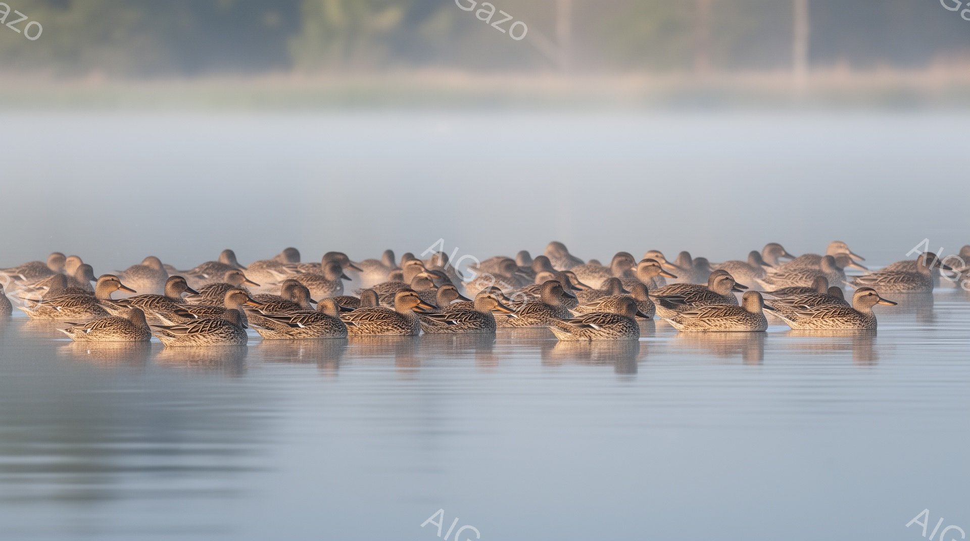 多くのマガモが水面に浮かび、静かで穏やかな雰囲気を作り出しています。水面は霧で覆われ、背景はぼやけており、幻想的な光景です。冷たい空気と水が、冬の日の穏やかさを強調しています。