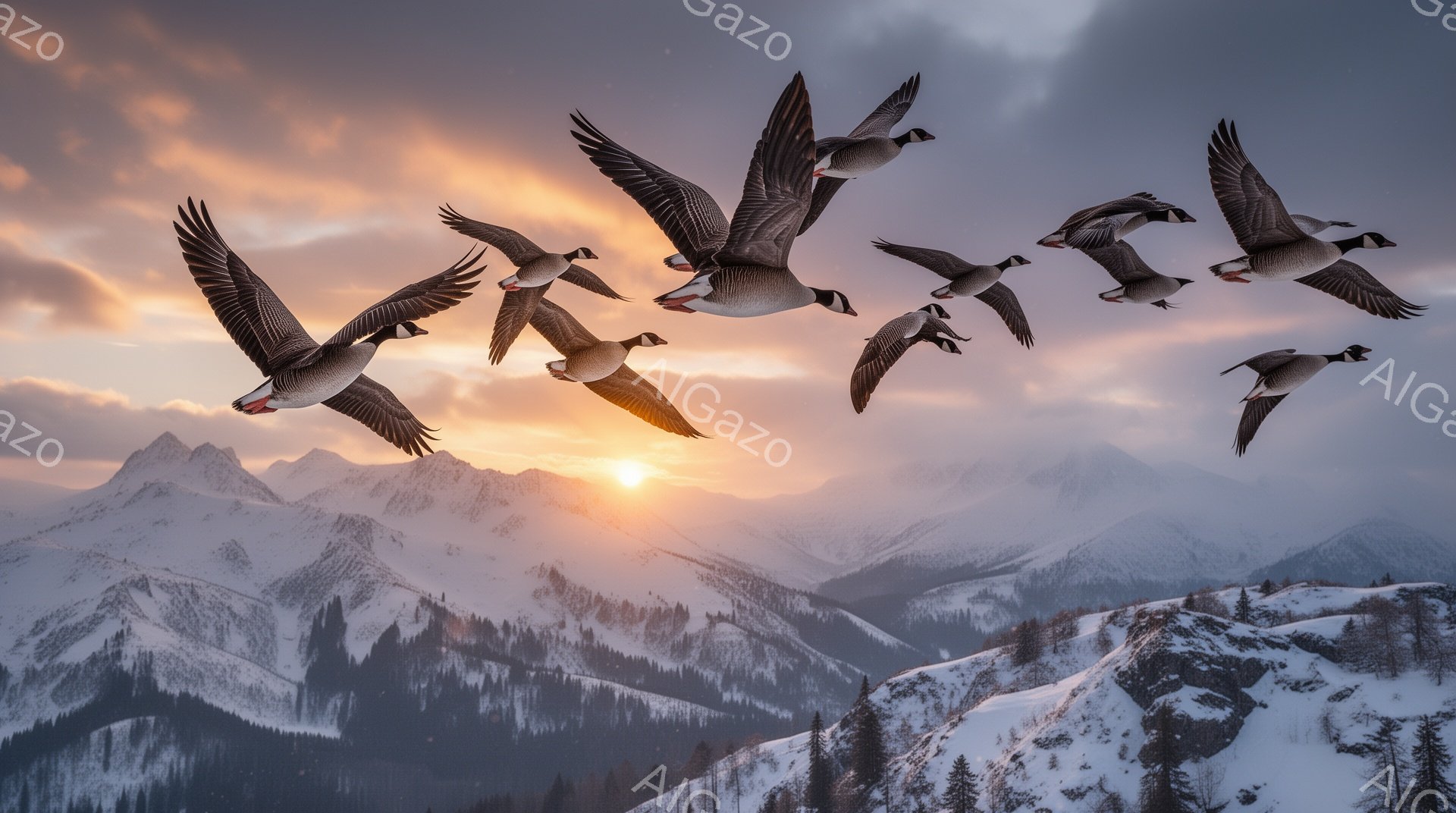 雪山を背景に、編隊を組んで飛ぶ鳥たちの群れが印象的な風景です。夕焼けが空をオレンジ色に染め、雪に覆われた山々が美しいコントラストを生み出しています。静寂と雄大さが感じられる、力強い自然の息吹が伝わって - AI生成フリー素材