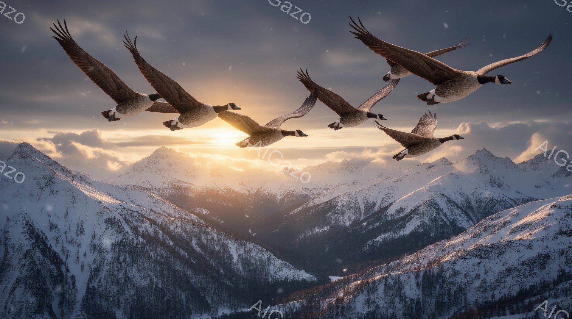 澄んだ冬空の下、雪山を背景に雁が群れをなして飛んでいる。夕焼けの光が山肌を照らし、幻想的な雰囲気を醸し出している。雪が舞い散ることで、冬の厳しさと美しさが表現されている。 - AI生成フリー素材