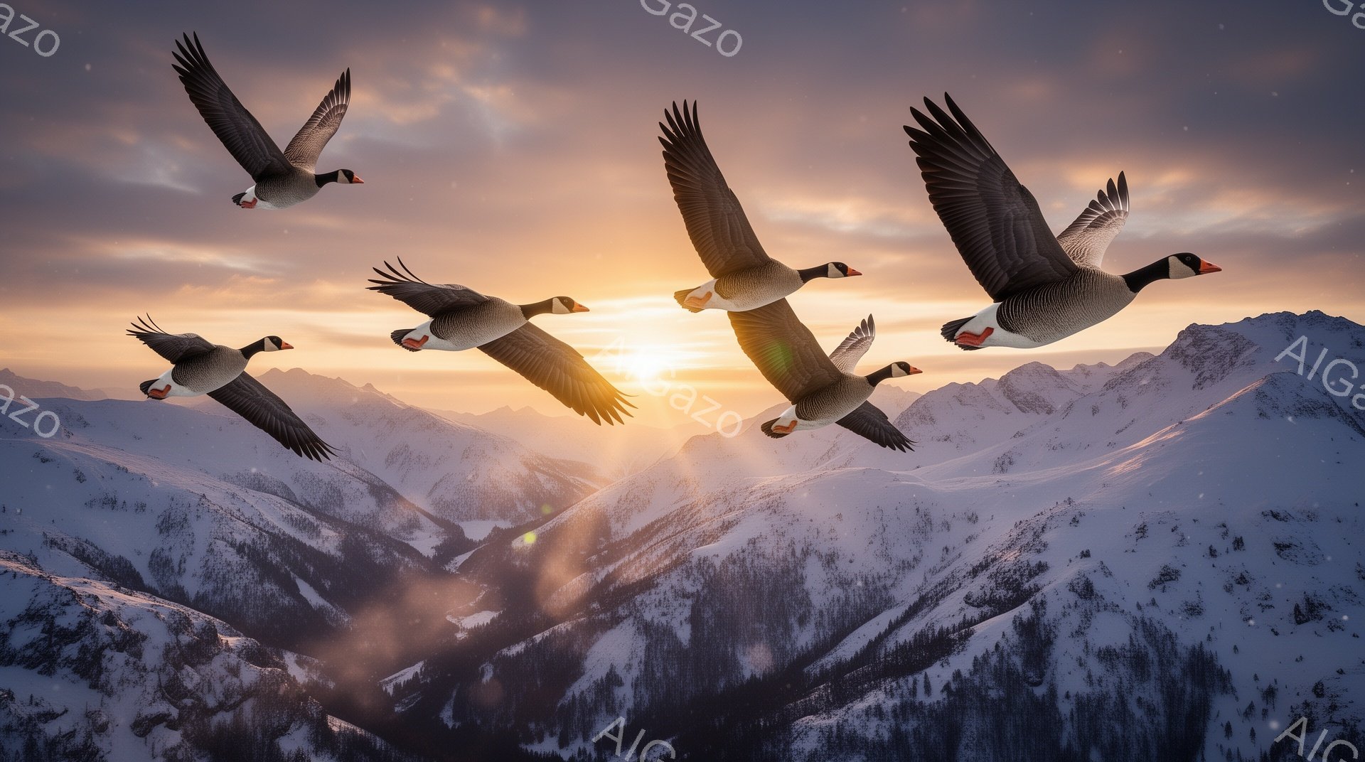 雪山を背景に、編隊を組んで飛ぶガンが印象的な光景です。夕焼けの光が雪景色を照らし、幻想的な雰囲気を醸し出しています。雲海のような山並みと鳥たちの優雅な飛行が調和し、自然の壮大さを感じさせます。 - AI生成フリー素材