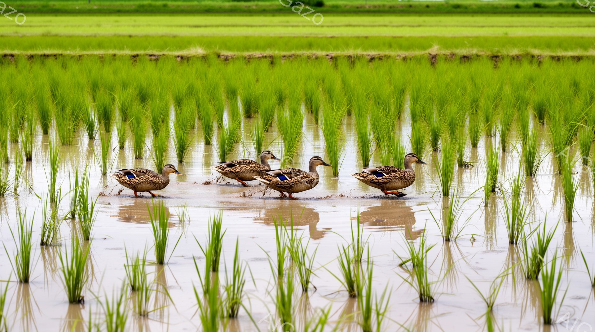 緑豊かな田んぼの中に、数羽のカモが水の中を歩いている様子が描かれている。カモたちは一列に並んでおり、水面に反射する緑とカモの姿が美しいコントラストを生み出している。穏やかな雰囲気で、自然の静けさが感じられる。