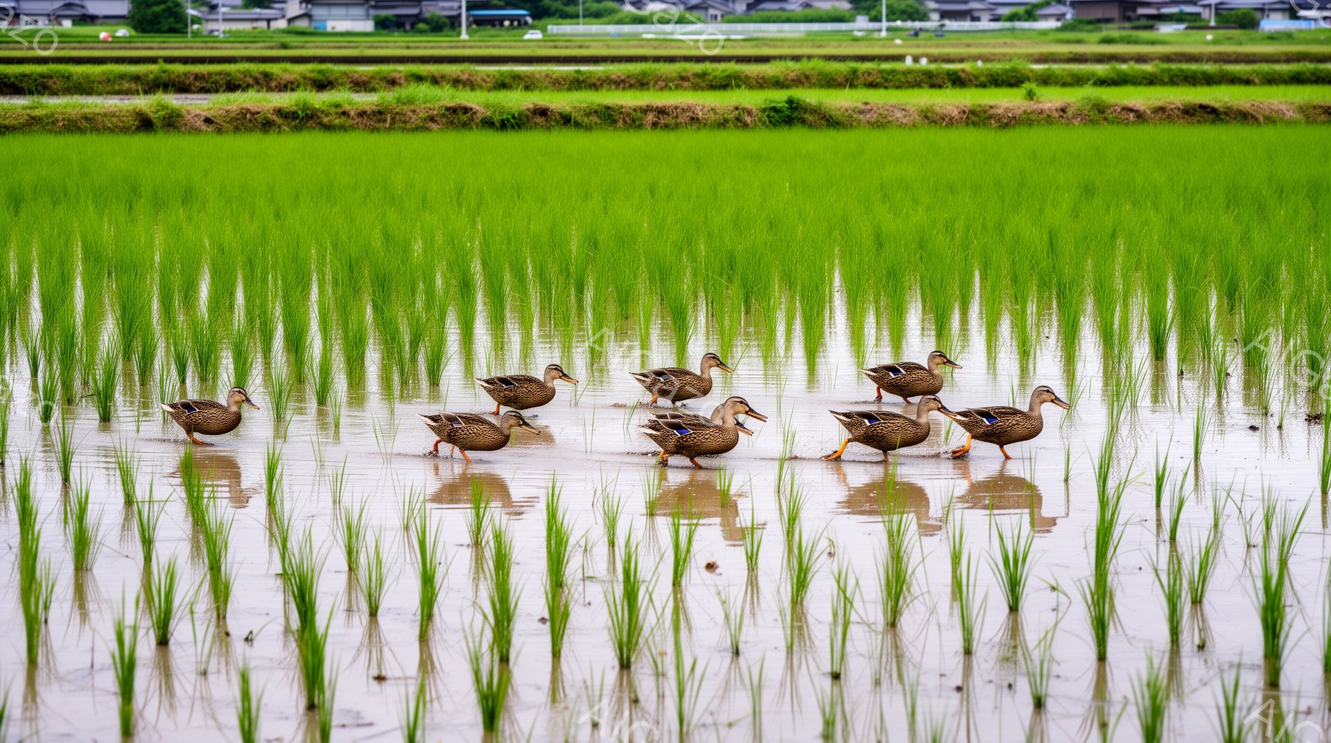 広々とした水田の中に、アヒルが整列して歩いている様子が写っている。緑色の稲が水面に反射し、穏やかで美しい風景を作り出している。背景には、ぼんやりと建物が見え、田園的な雰囲気が漂う。