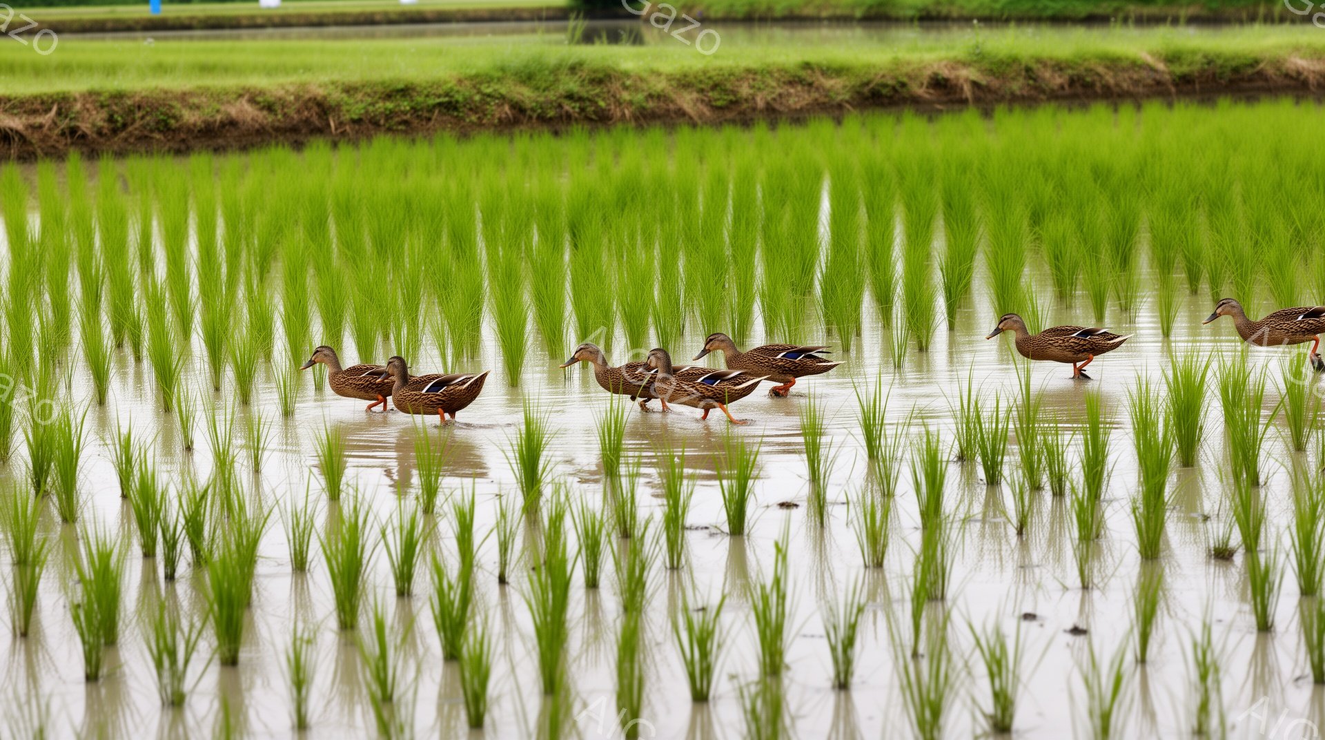 田んぼの中にアヒルたちが歩いている様子が写っている。緑色の稲が青々と育ち、水面に映るアヒルの姿が美しい。穏やかで静かな田園風景が広がっている。