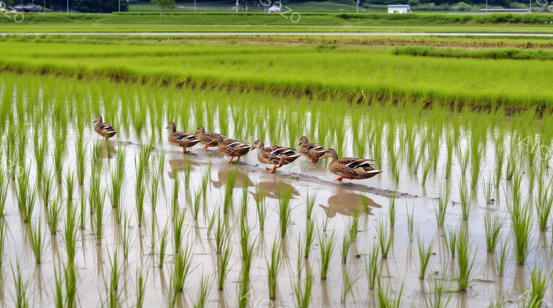 緑豊かな田んぼをカモの列が歩いている。水面に反射するカモと田んぼの緑が美しいコントラストを生み出している。穏やかで平和な田園風景が感じられる。